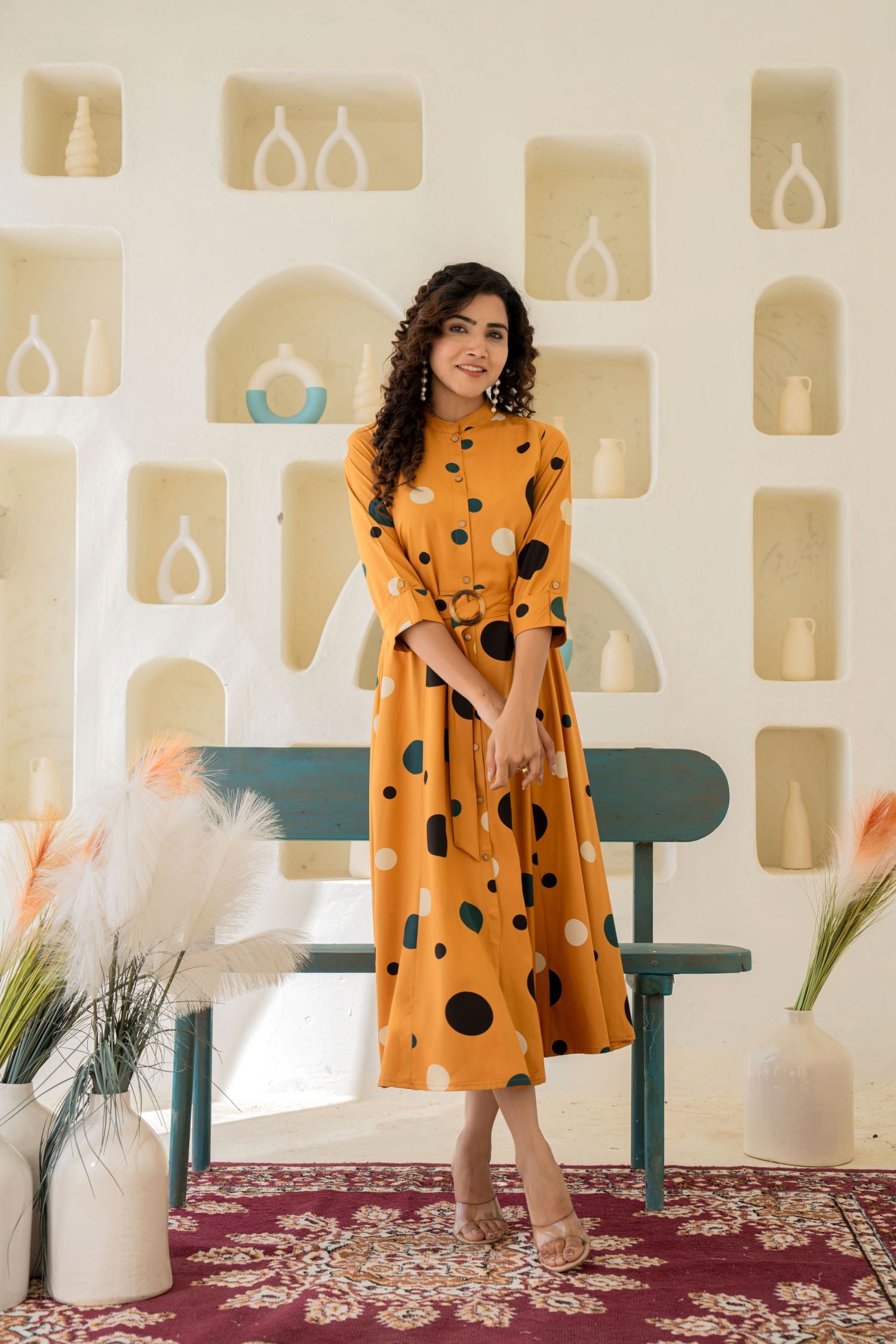 Chic Mustard Shirt Style Dress With Belt