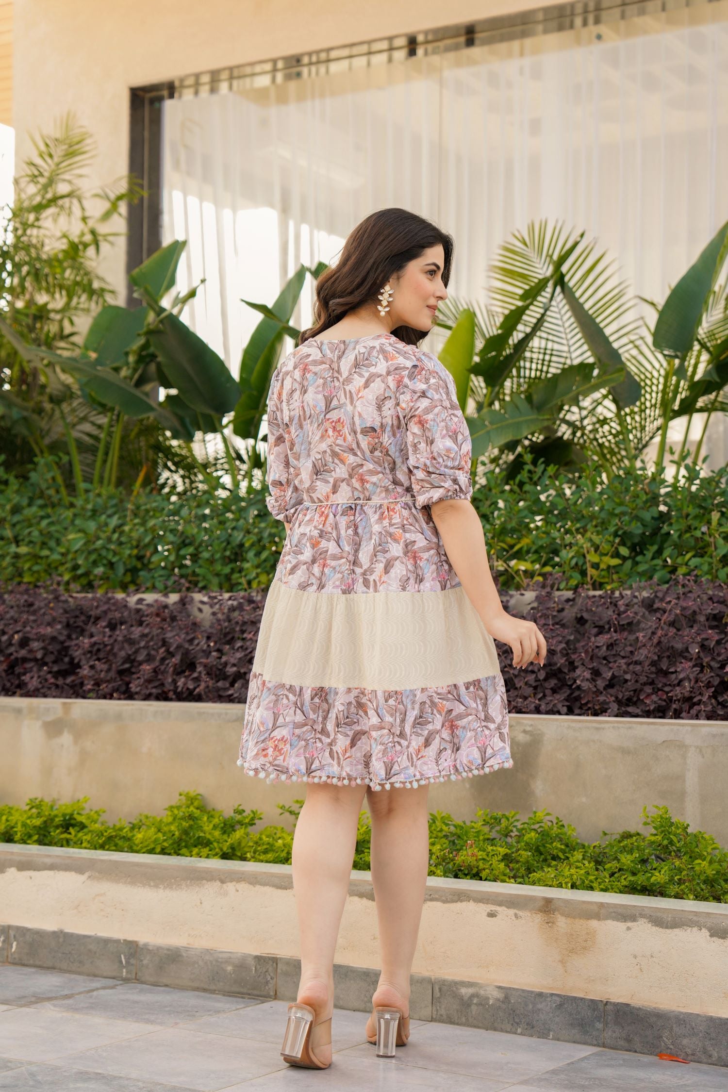 Cream Cotton Round-Neck Tunic with Two-Tone Fabric and Floral Design