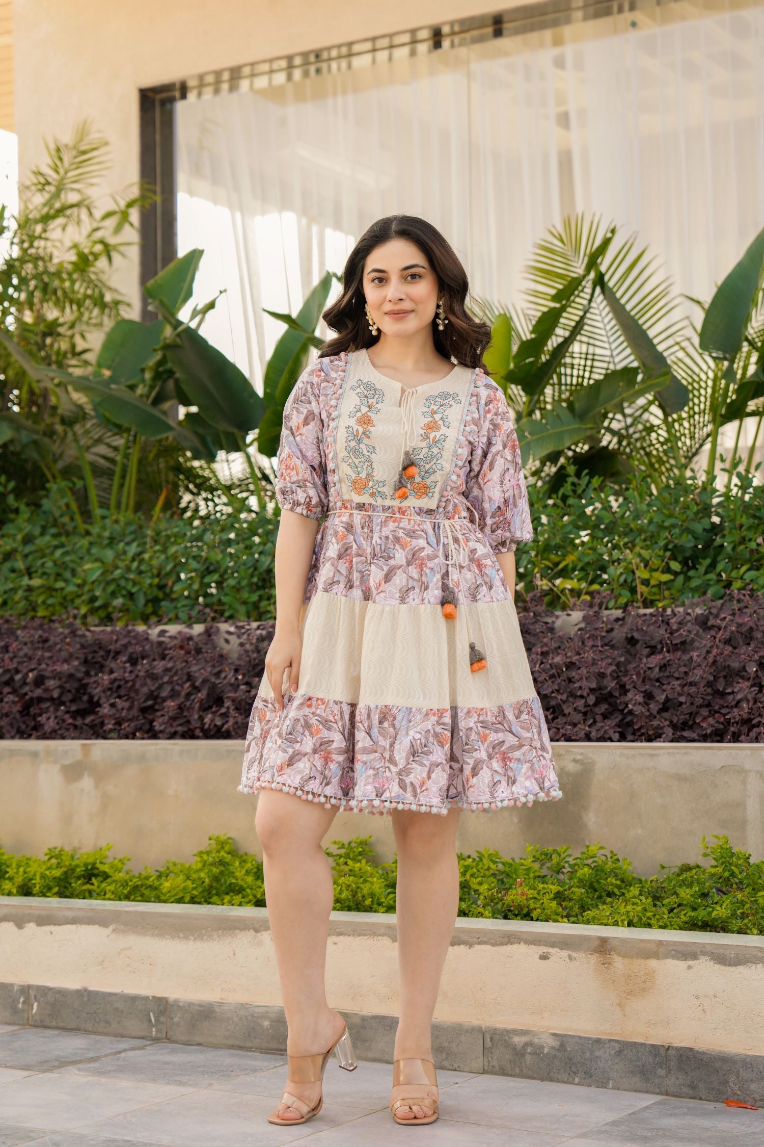 Cream Cotton Round-Neck Tunic with Two-Tone Fabric and Floral Design