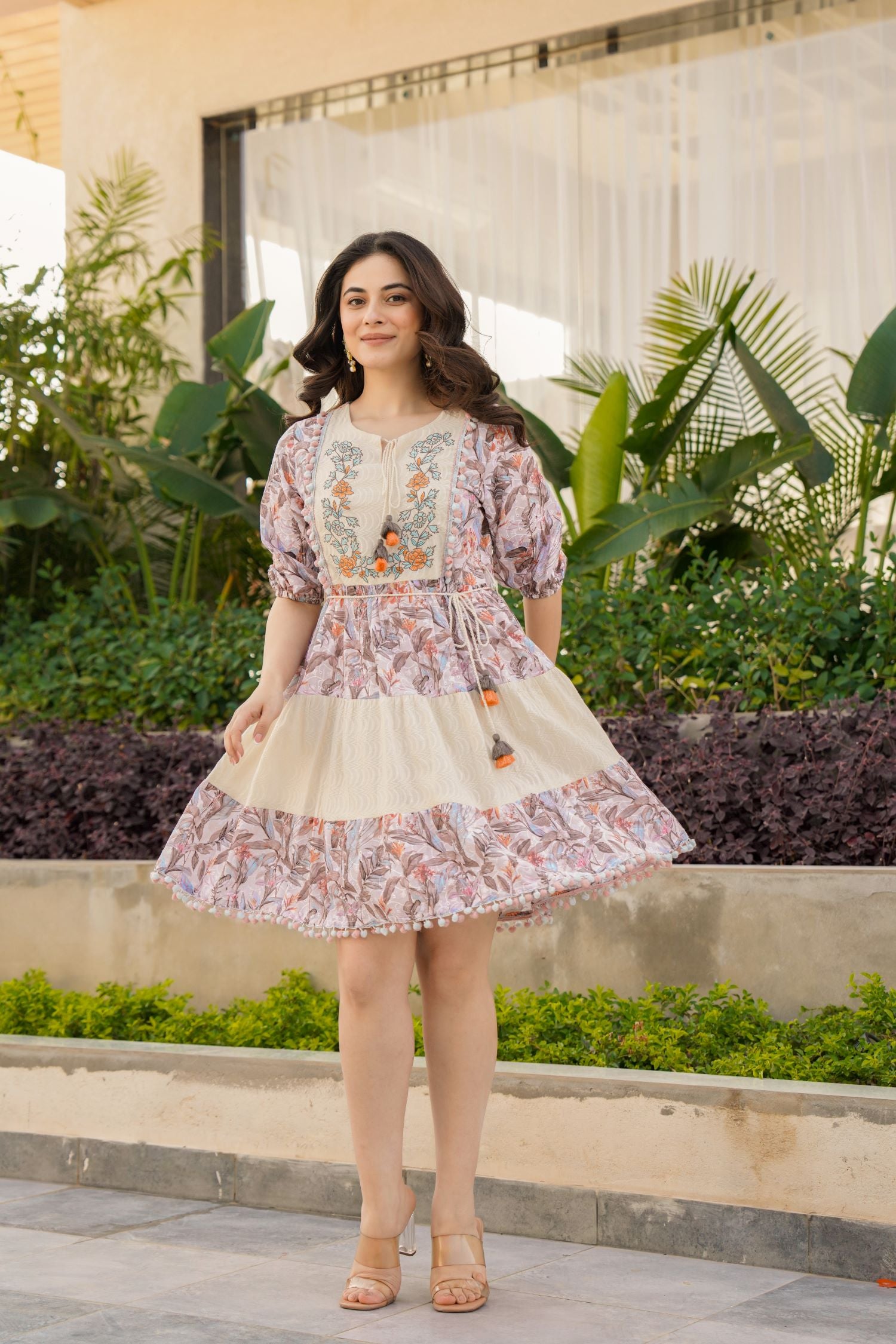 Cream Cotton Round-Neck Tunic with Two-Tone Fabric and Floral Design