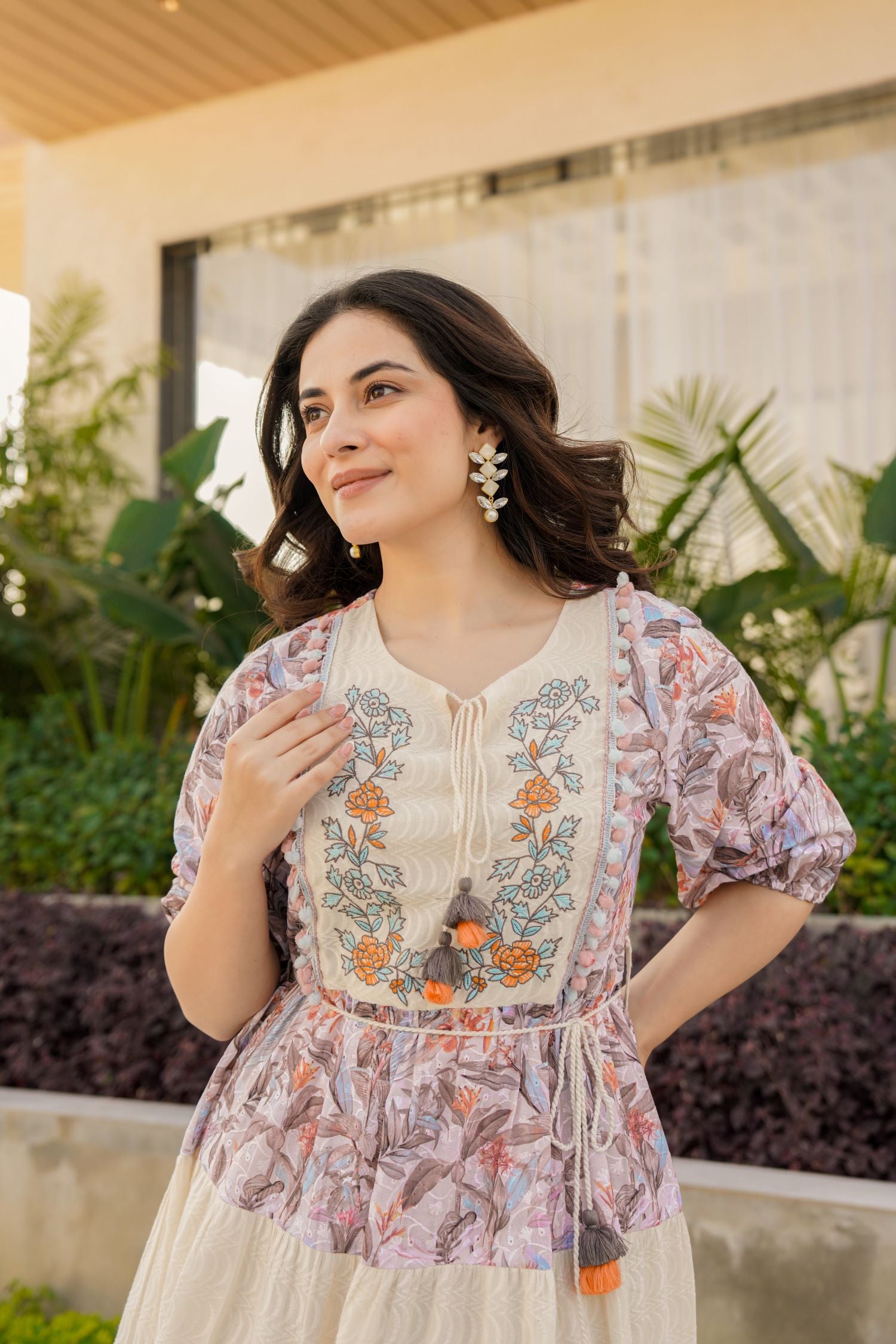 Cream Cotton Round-Neck Tunic with Two-Tone Fabric and Floral Design