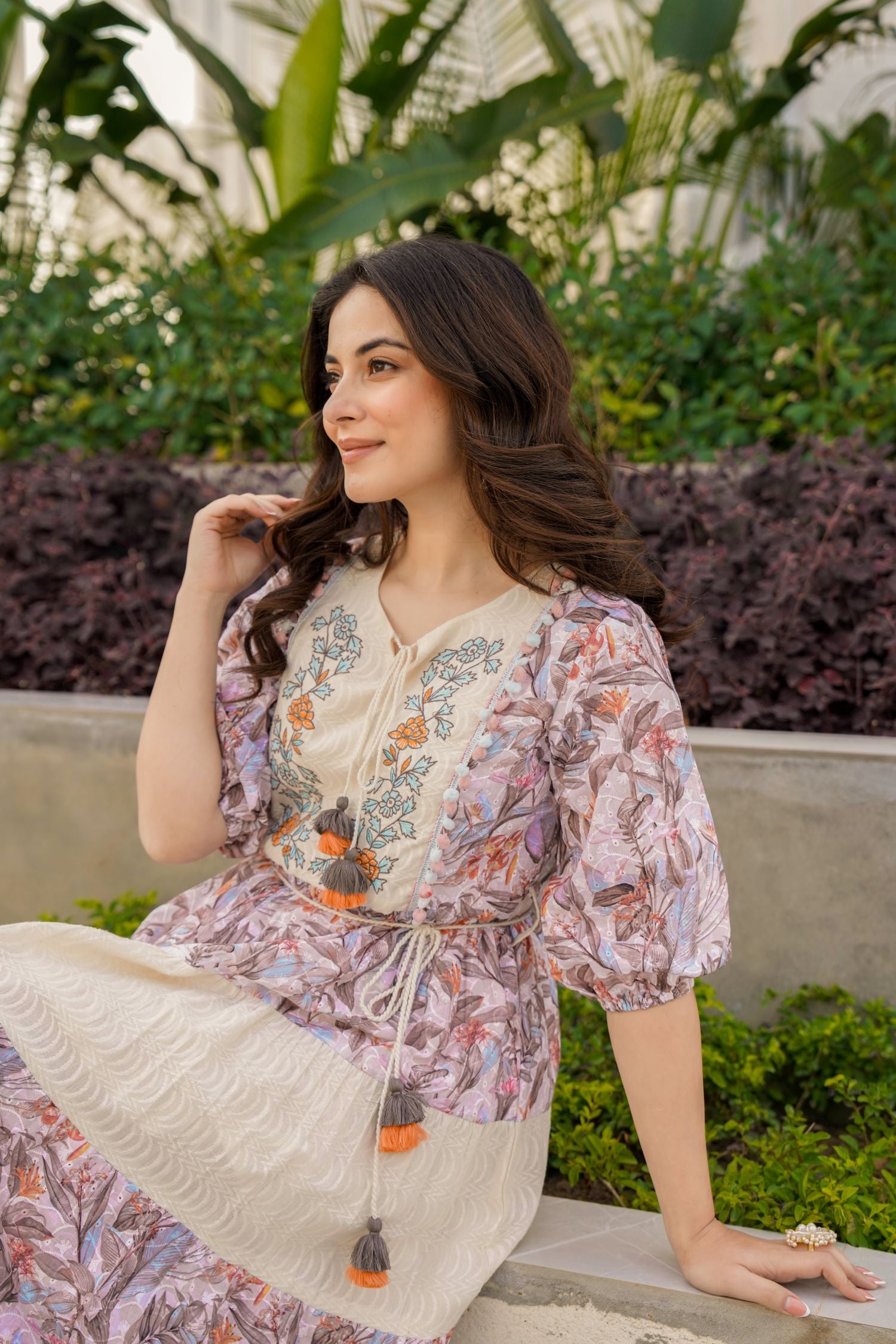 Cream Cotton Round-Neck Tunic with Two-Tone Fabric and Floral Design