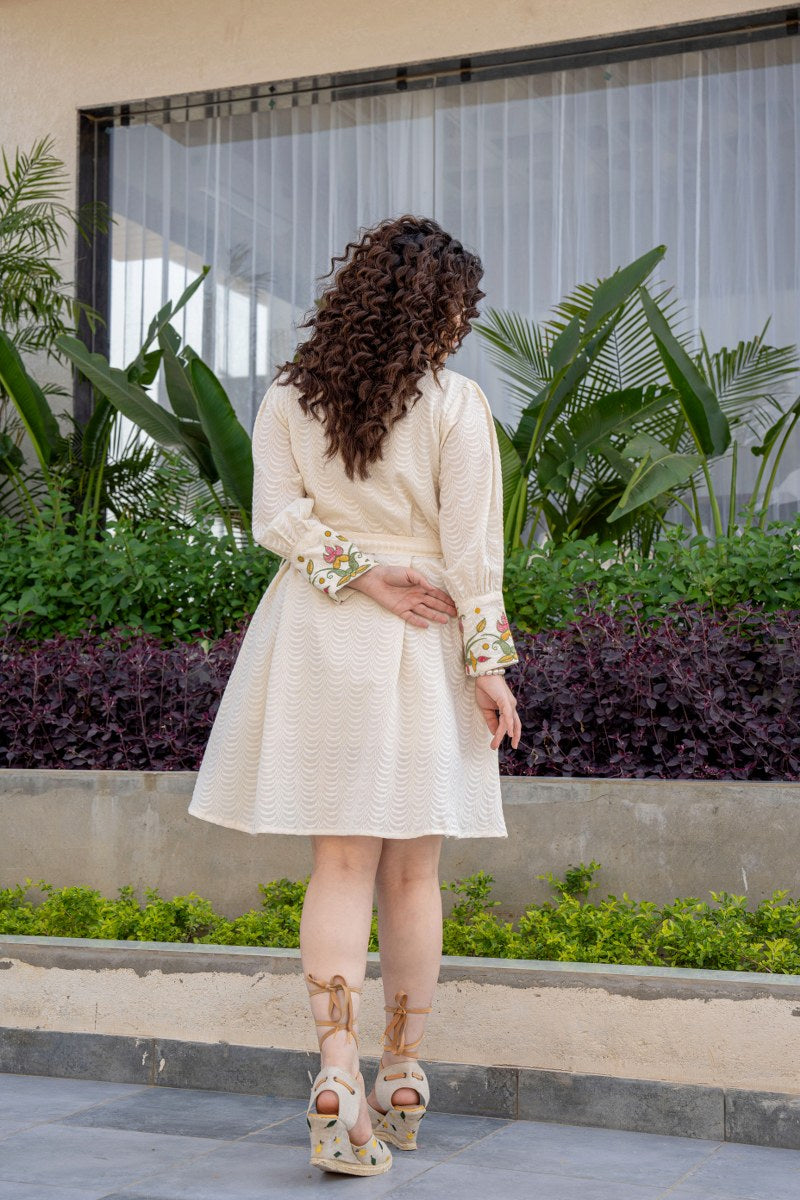 Off-White Tunic with Floral Handwork & Belt