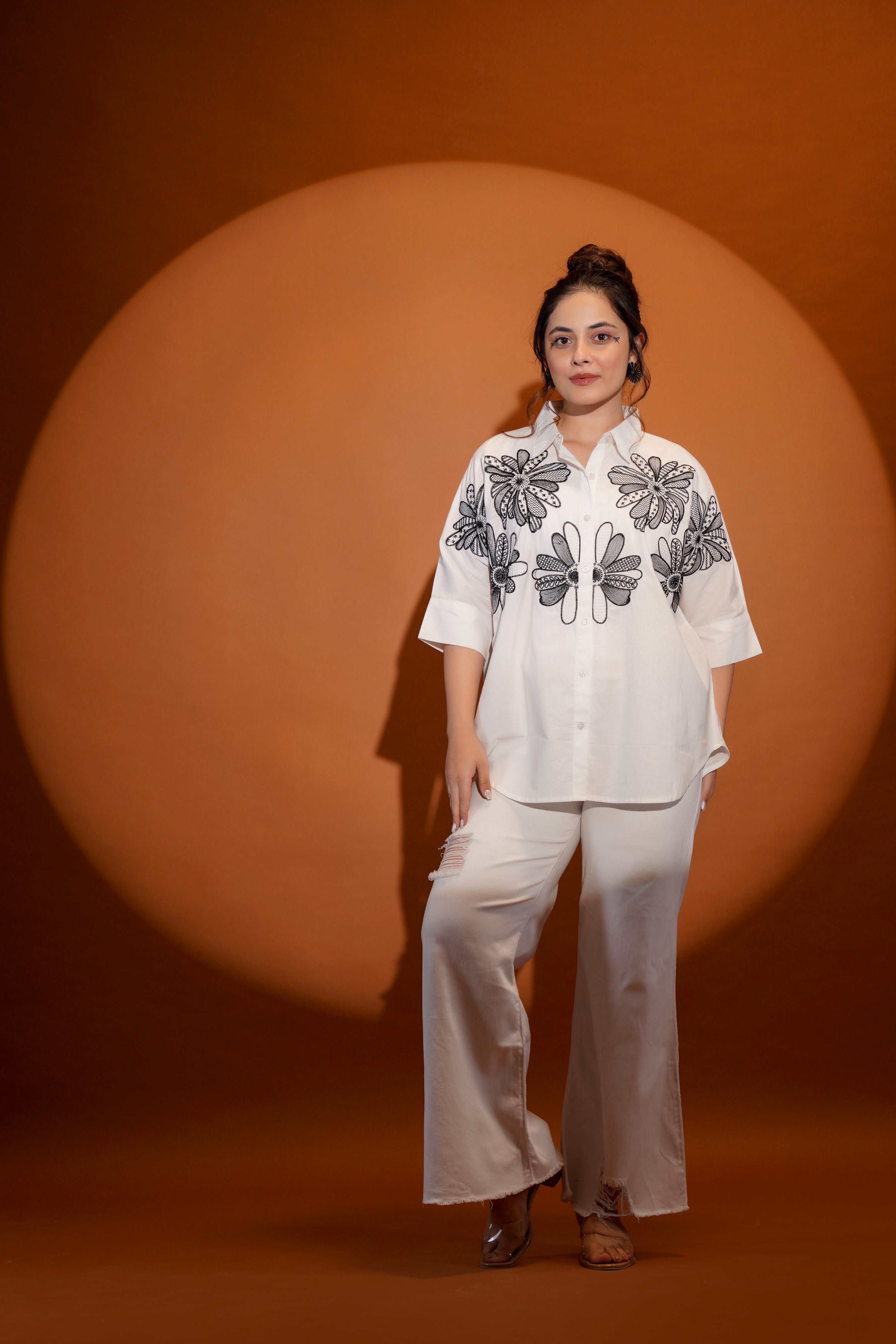 Black Threaded Florals on White Shirt