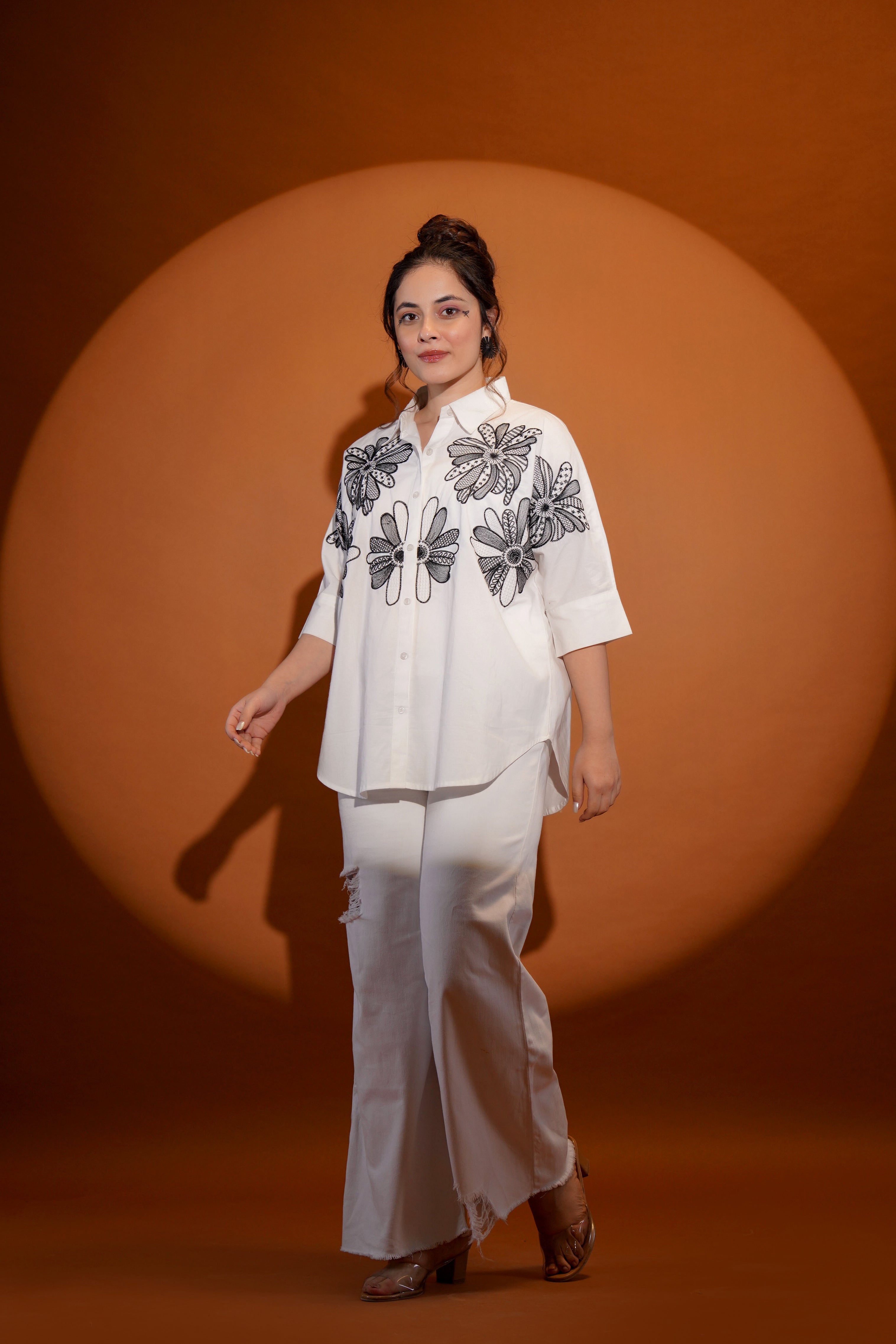 Black Threaded Florals on White Shirt