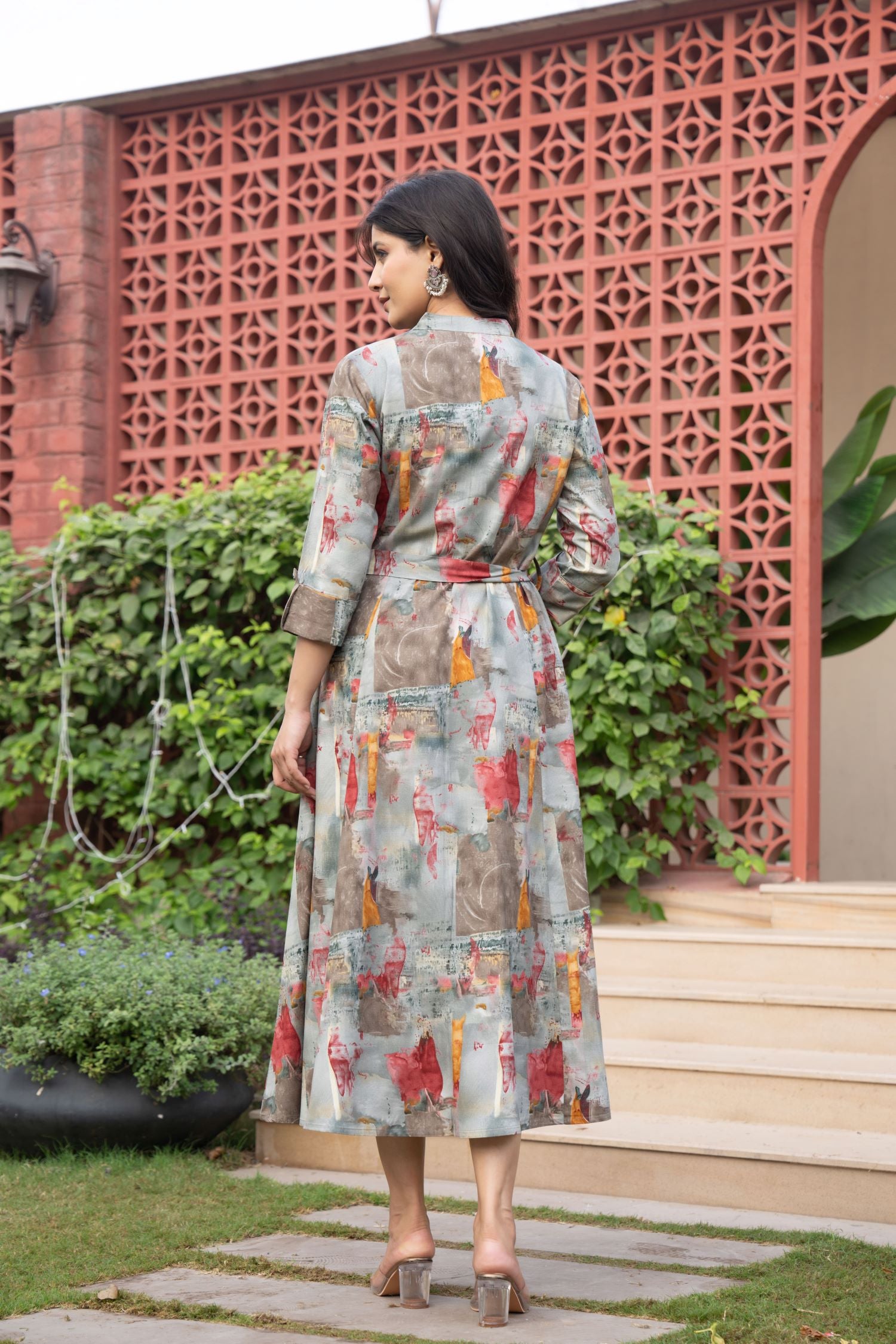 Grey Dress with Printed Pattern and Belted Waist