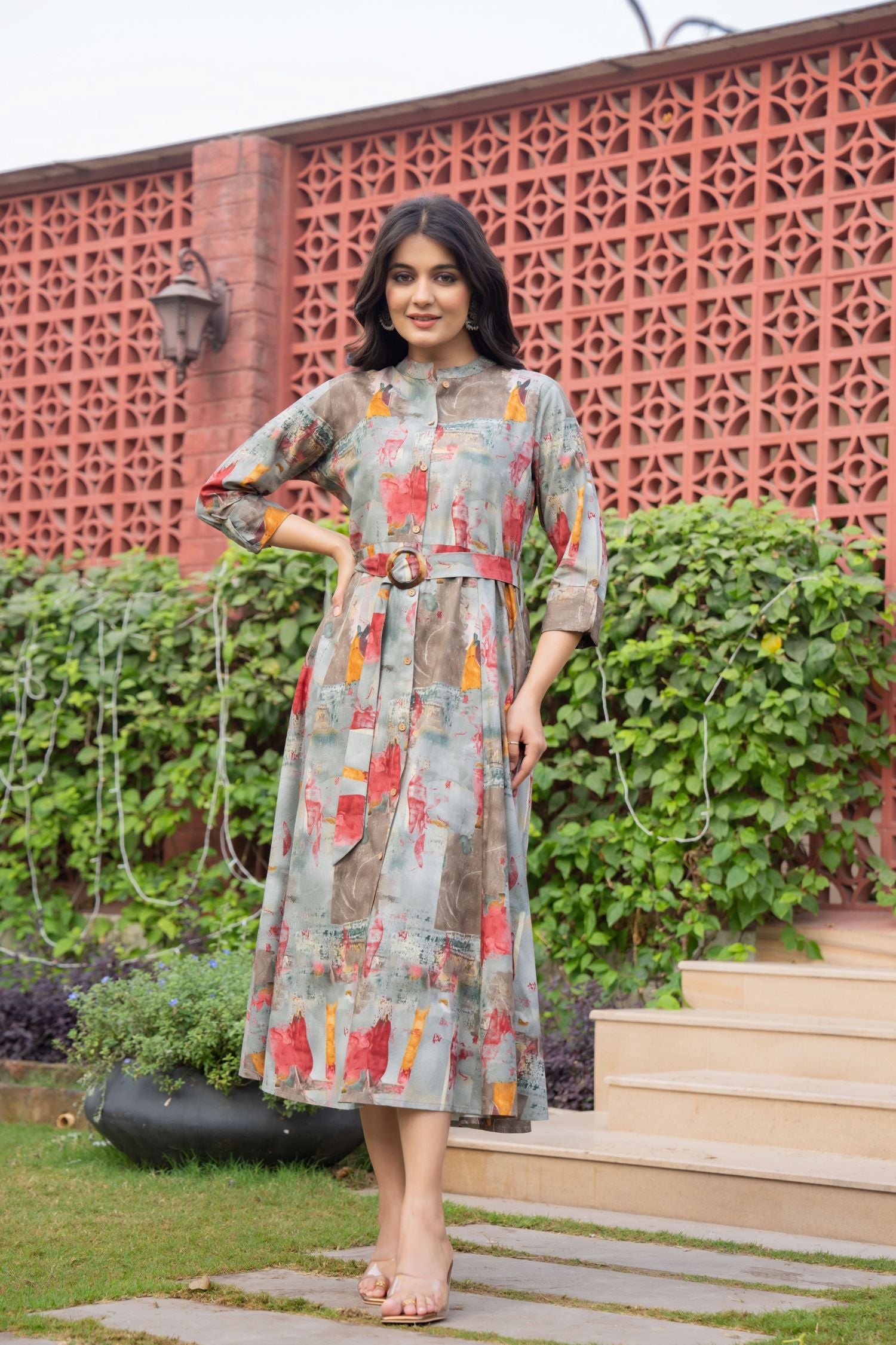 Grey Dress with Printed Pattern and Belted Waist