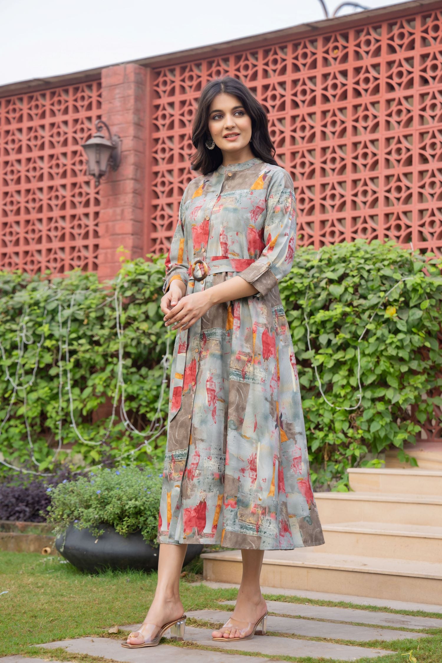 Grey Dress with Printed Pattern and Belted Waist