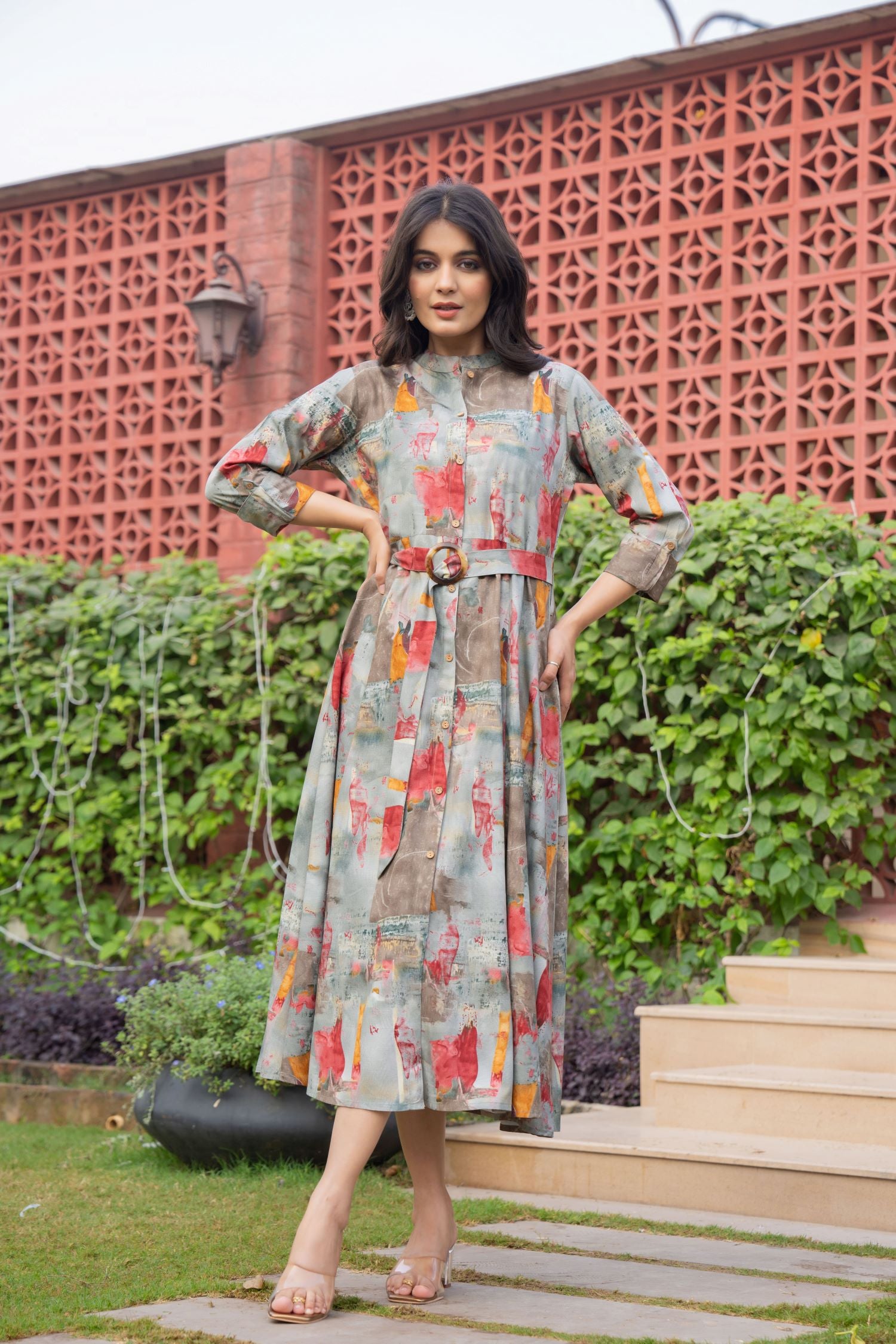 Grey Dress with Printed Pattern and Belted Waist