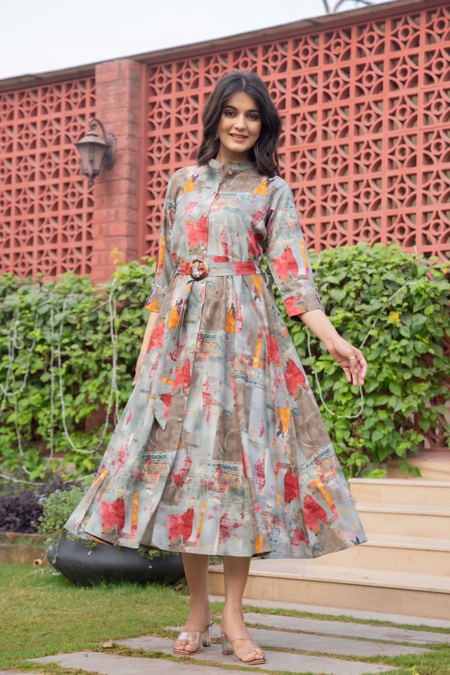 Grey Dress with Printed Pattern and Belted Waist