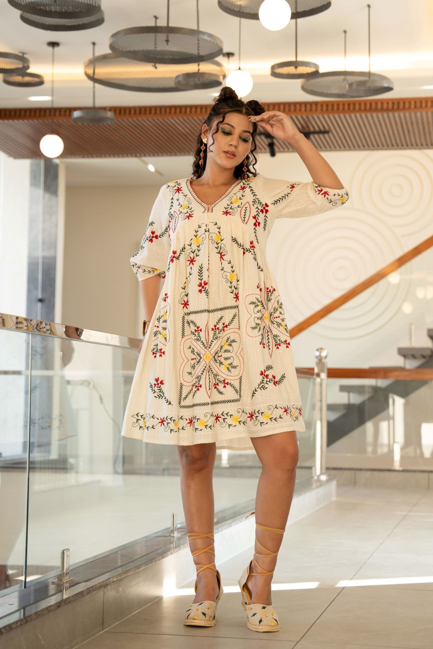 Cream Cotton V-Neck Tunic Top with Self-Design Fabric and Embroidery