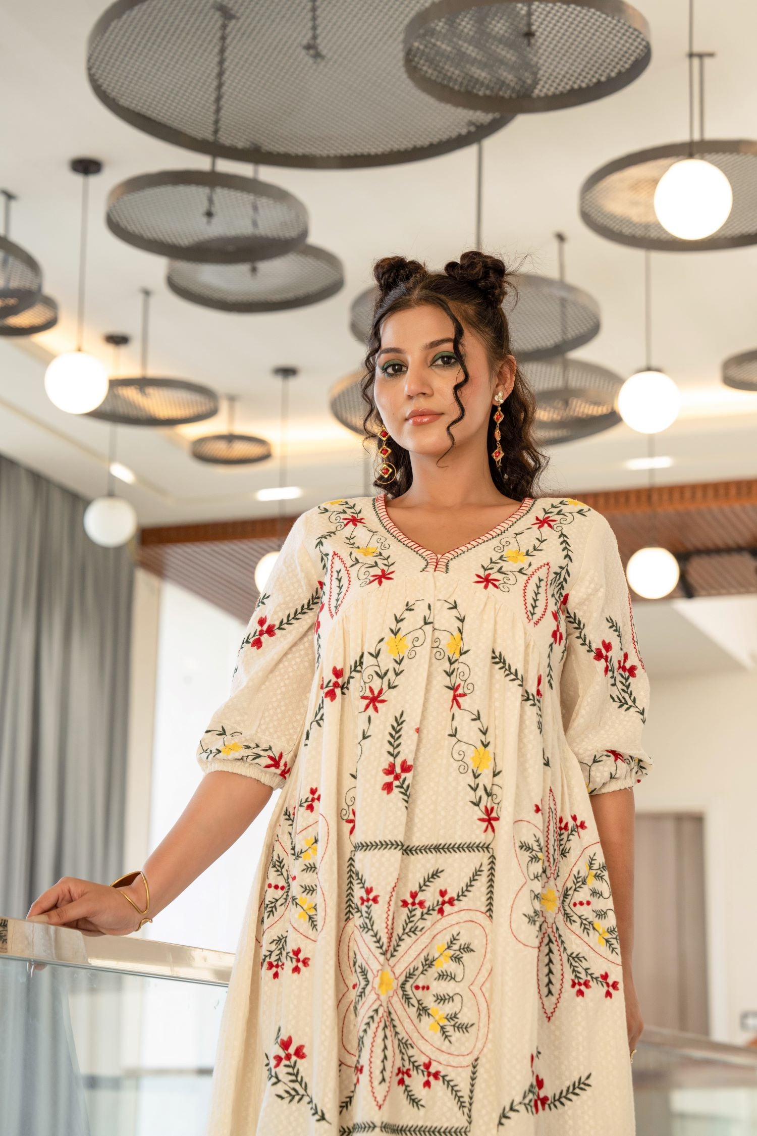 Cream Cotton V-Neck Tunic Top with Self-Design Fabric and Embroidery