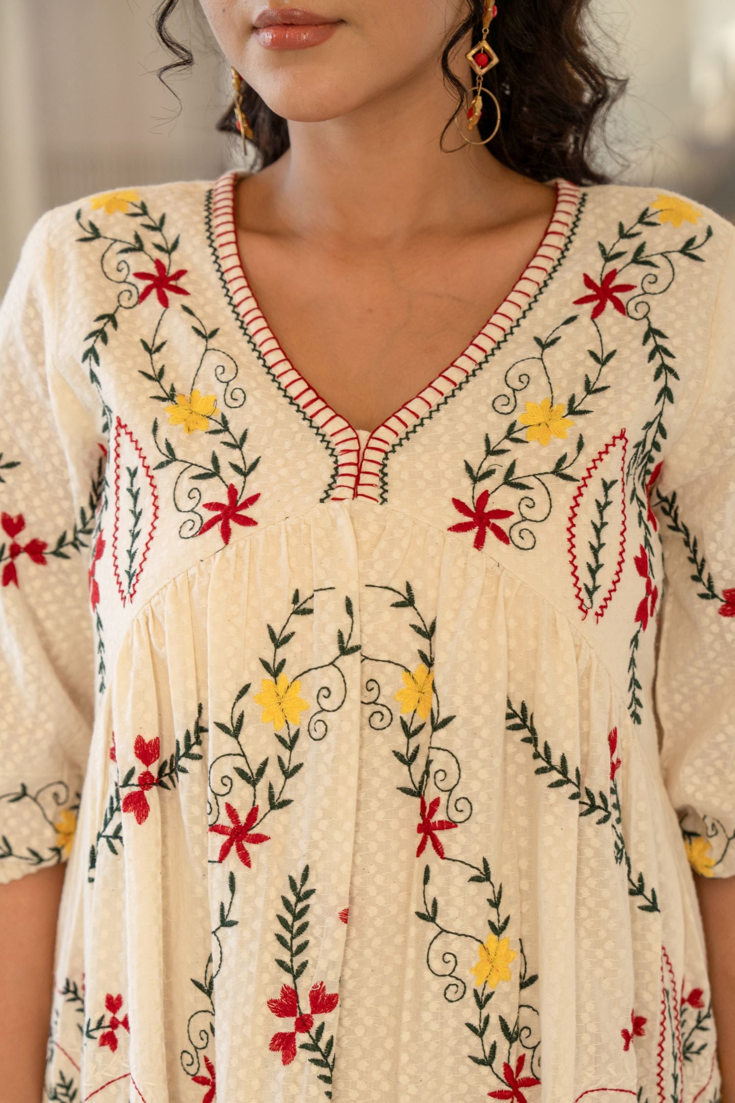Cream Cotton V-Neck Tunic Top with Self-Design Fabric and Embroidery