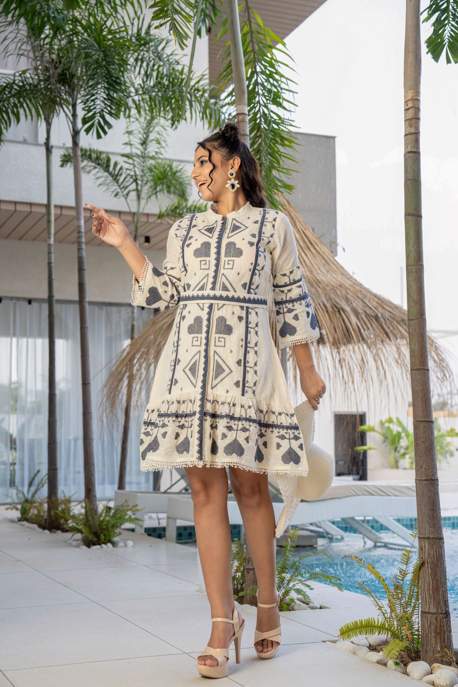 Cream Cotton Tunic with Mandarin Collar and Blue Embroidery