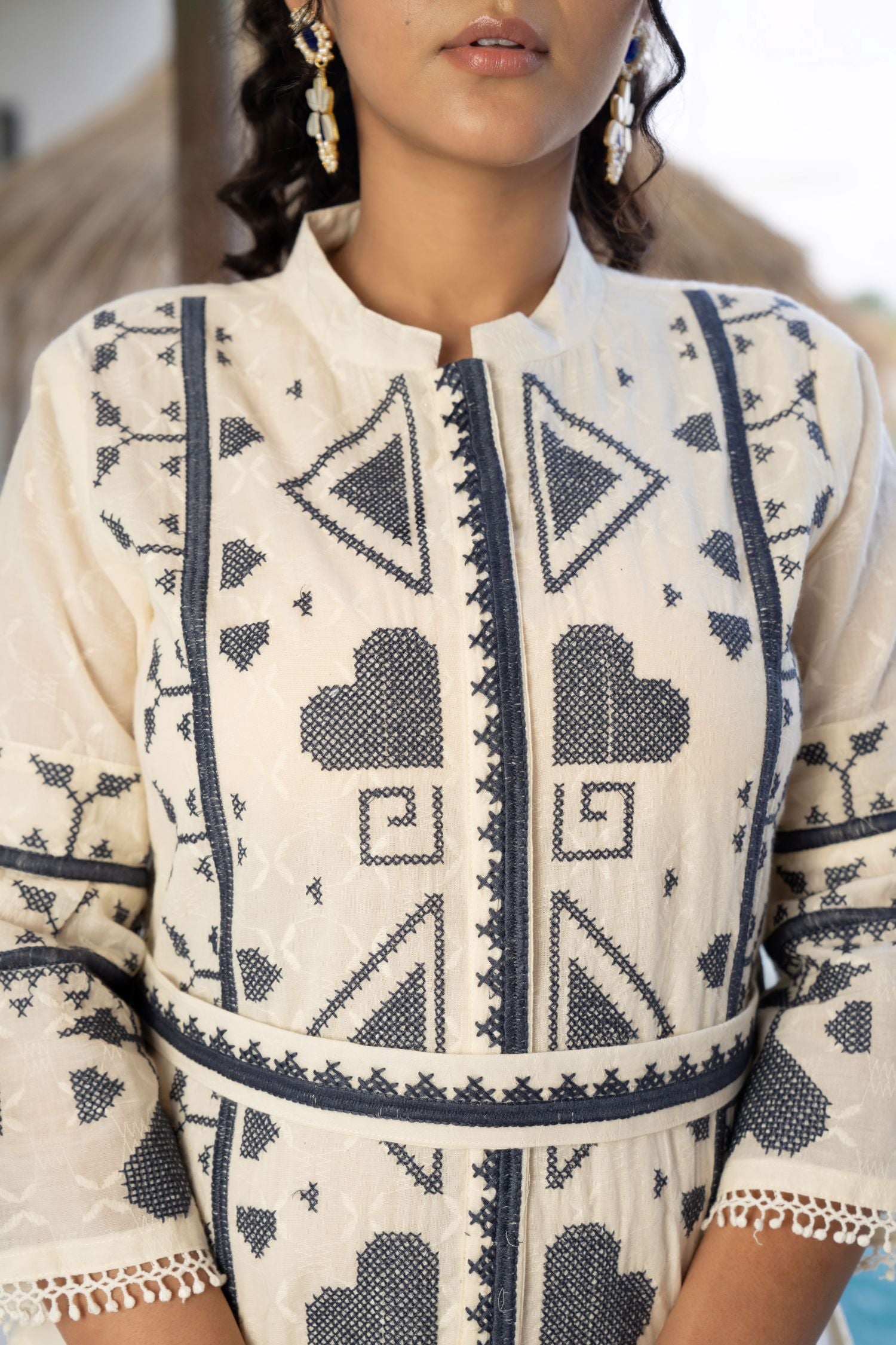 Cream Cotton Tunic with Mandarin Collar and Blue Embroidery