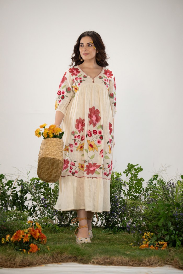 Off-White Long Dress with Handcrafted Floral Design