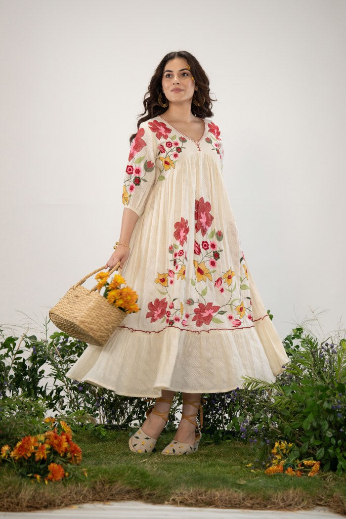 Off-White Long Dress with Handcrafted Floral Design