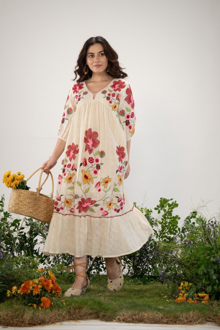 Off-White Long Dress with Handcrafted Floral Design