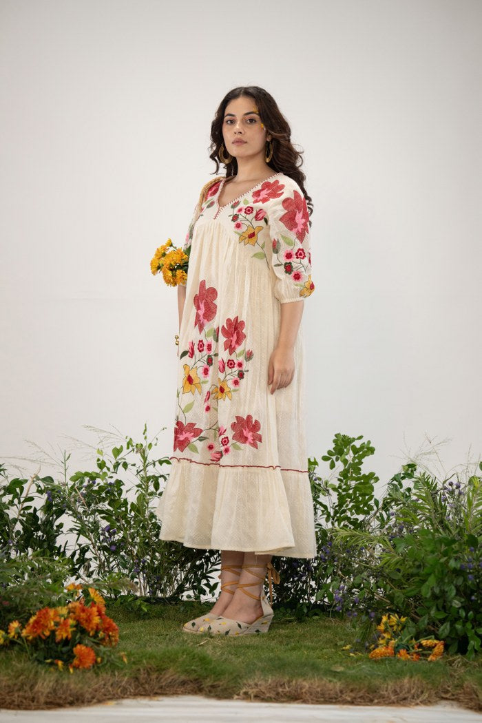 Off-White Long Dress with Handcrafted Floral Design