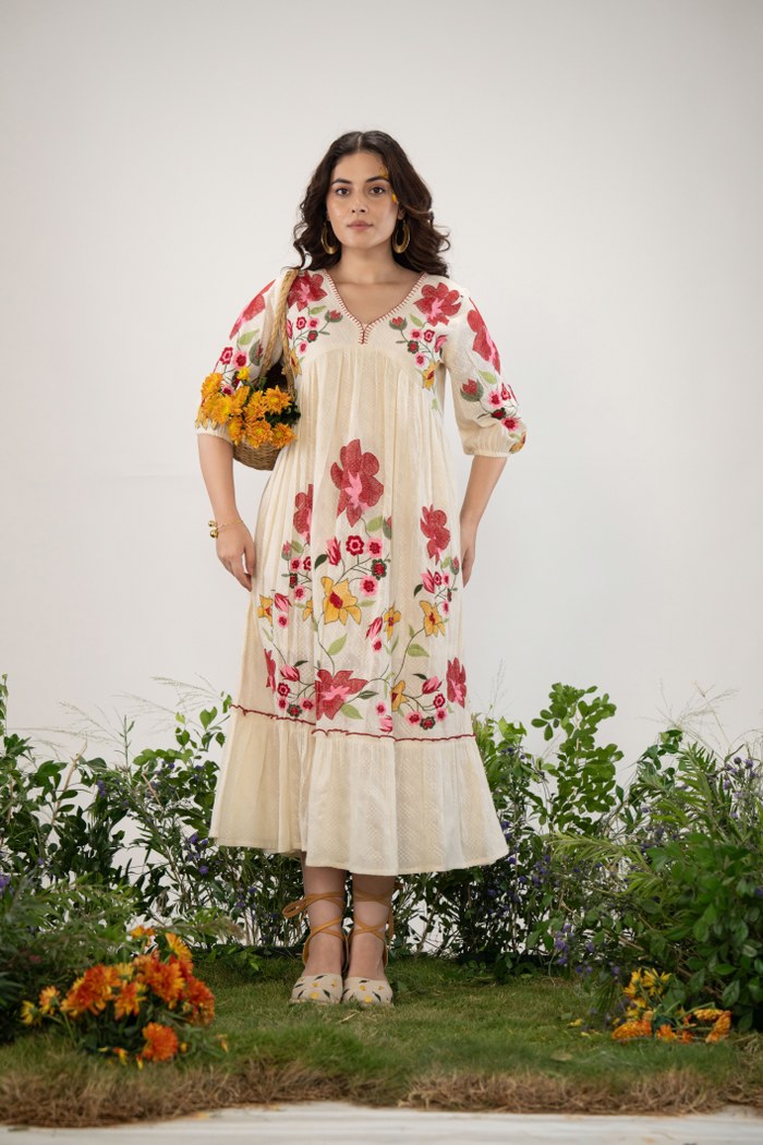 Off-White Long Dress with Handcrafted Floral Design