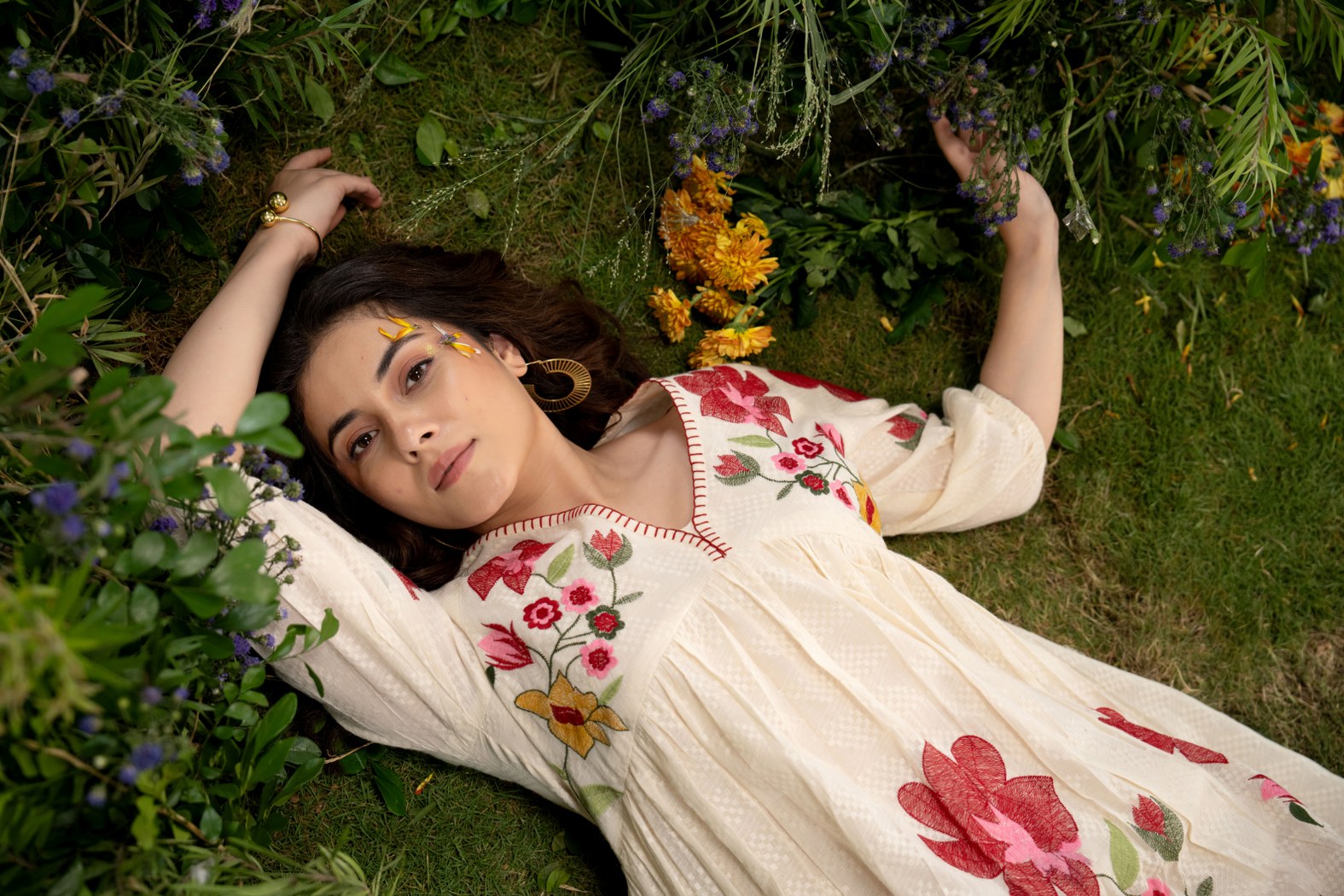 Off-White Long Dress with Handcrafted Floral Design