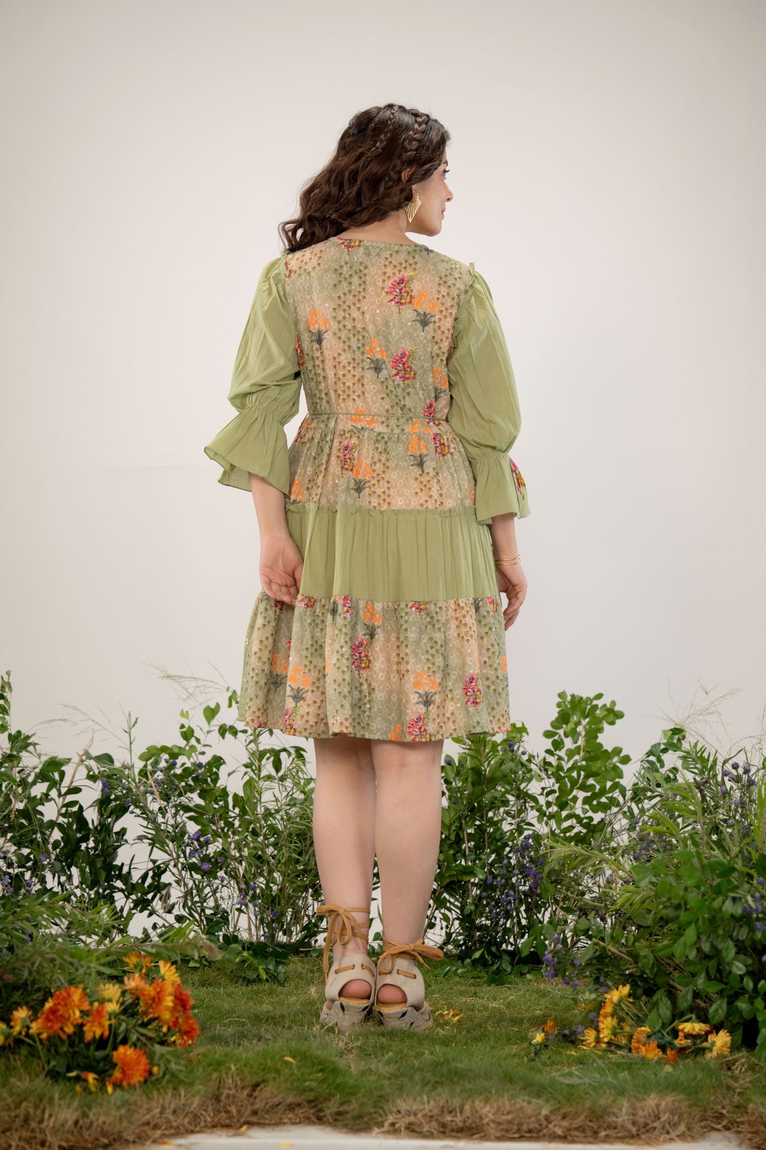 FREYAA Green Cotton Round-Neck Tunic with Embroidery