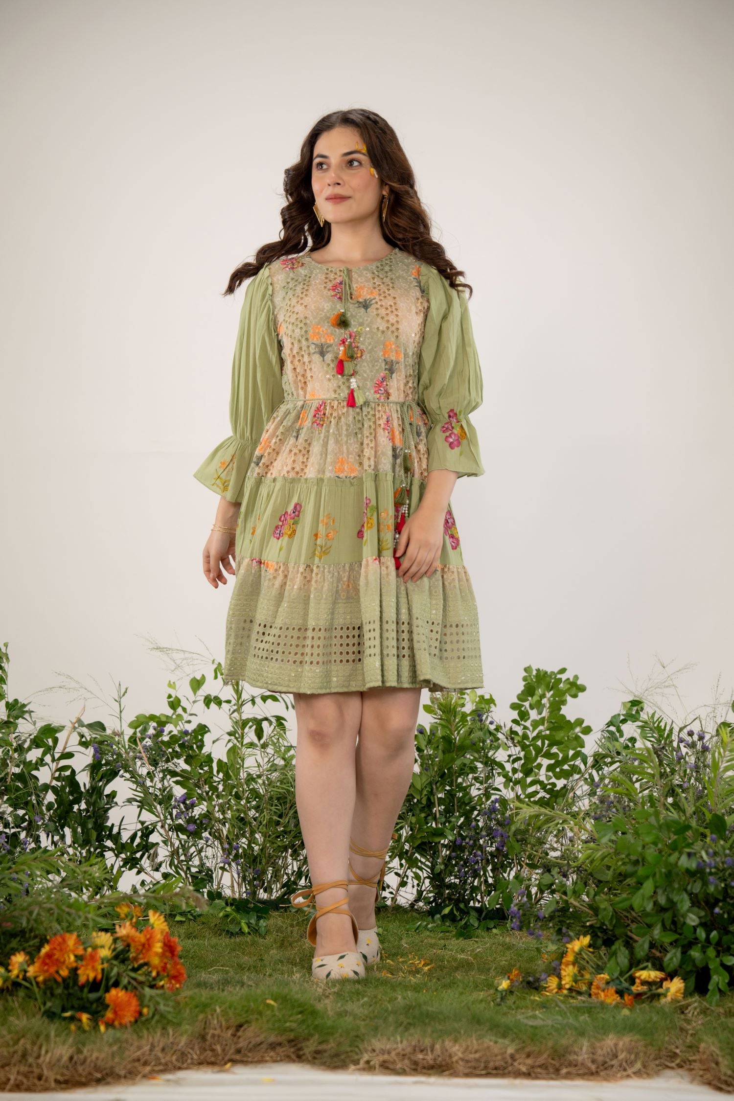 FREYAA Green Cotton Round-Neck Tunic with Embroidery