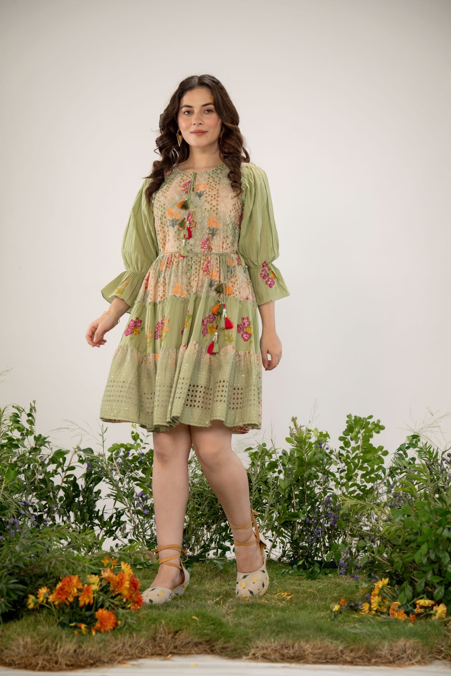 FREYAA Green Cotton Round-Neck Tunic with Embroidery