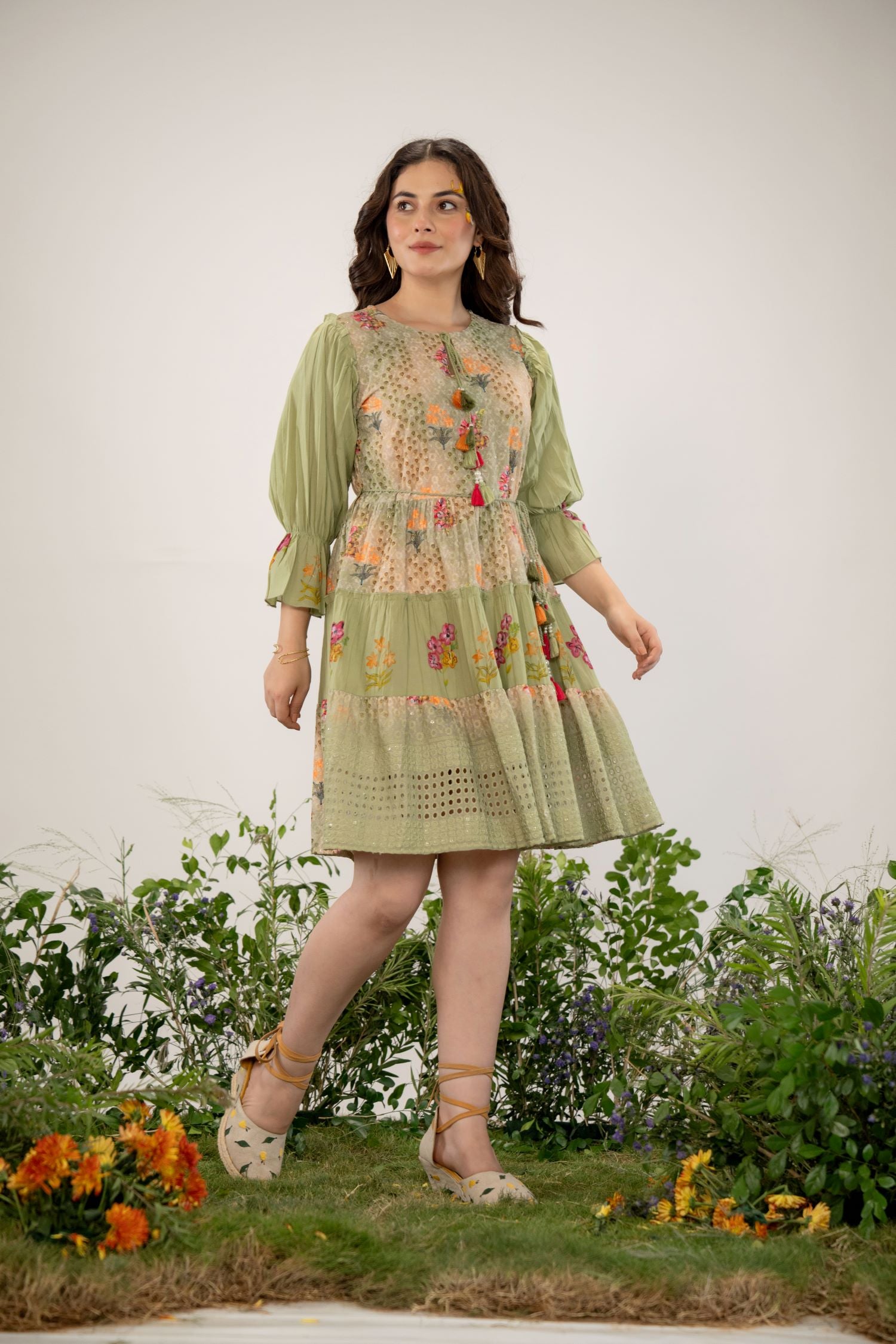 FREYAA Green Cotton Round-Neck Tunic with Embroidery