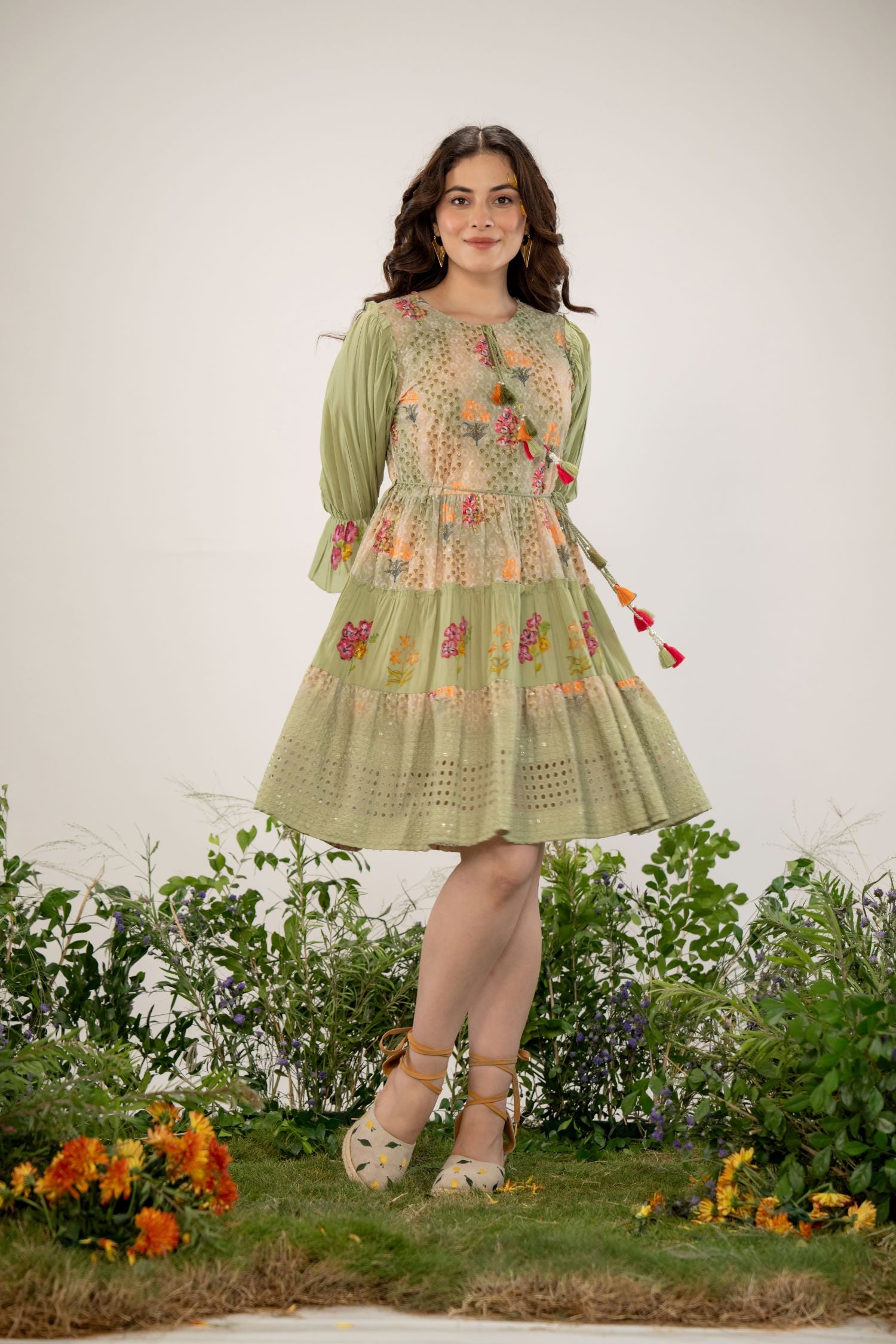 FREYAA Green Cotton Round-Neck Tunic with Embroidery