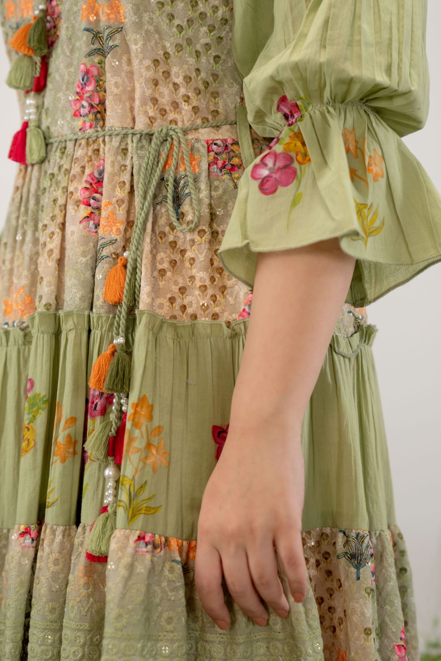 FREYAA Green Cotton Round-Neck Tunic with Embroidery