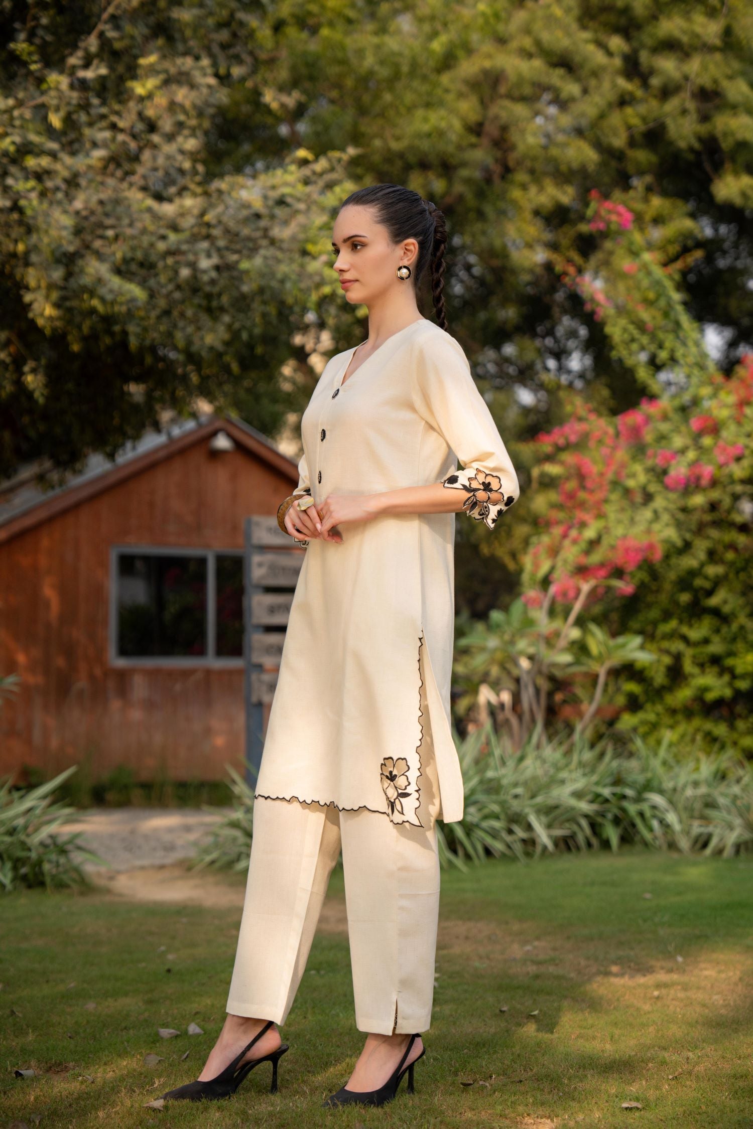 Chic Beige Cord Set with Vibrant Floral Accents