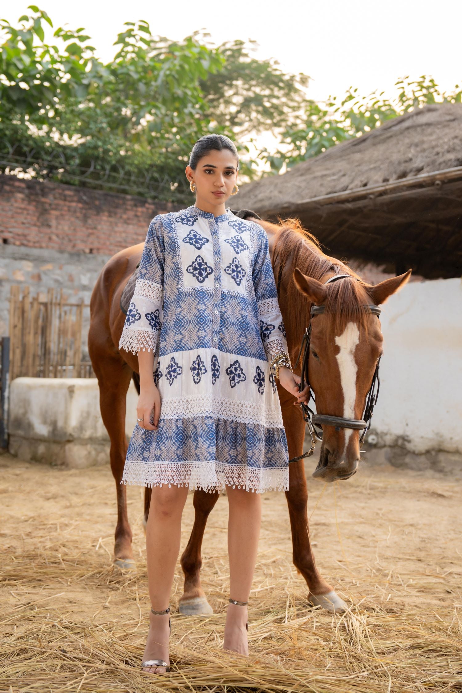 FREYAA Blue Cotton Tunic Embroidered Net Design Sleeves