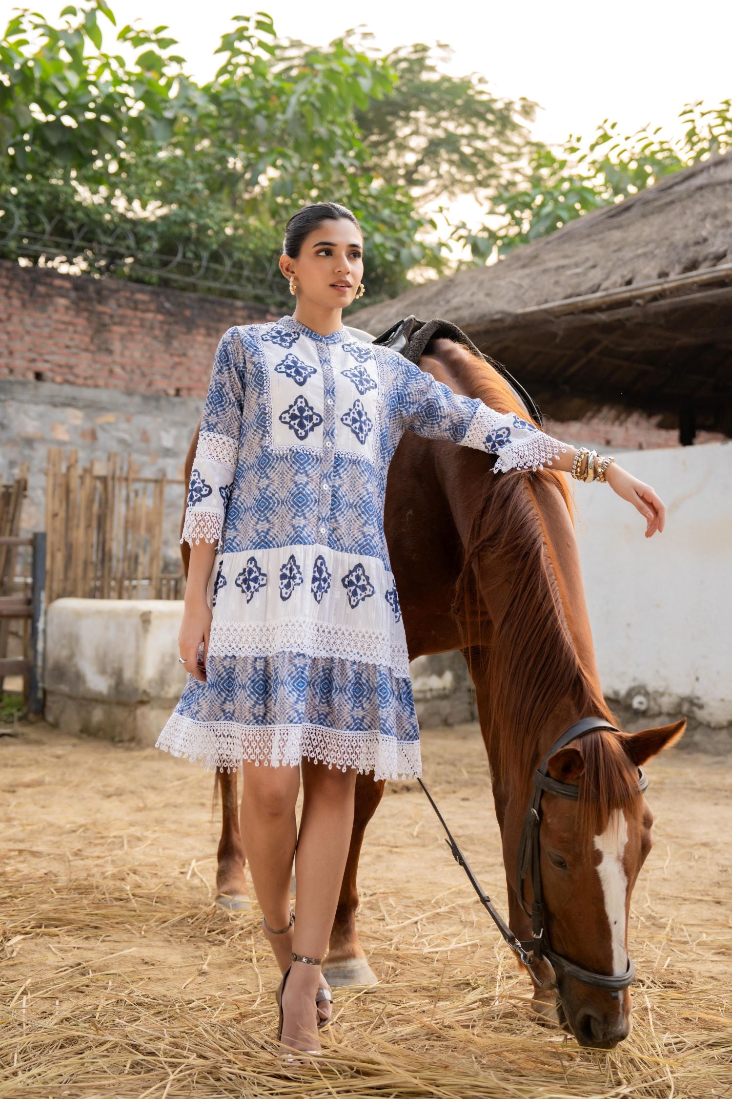 FREYAA Blue Cotton Tunic Embroidered Net Design Sleeves