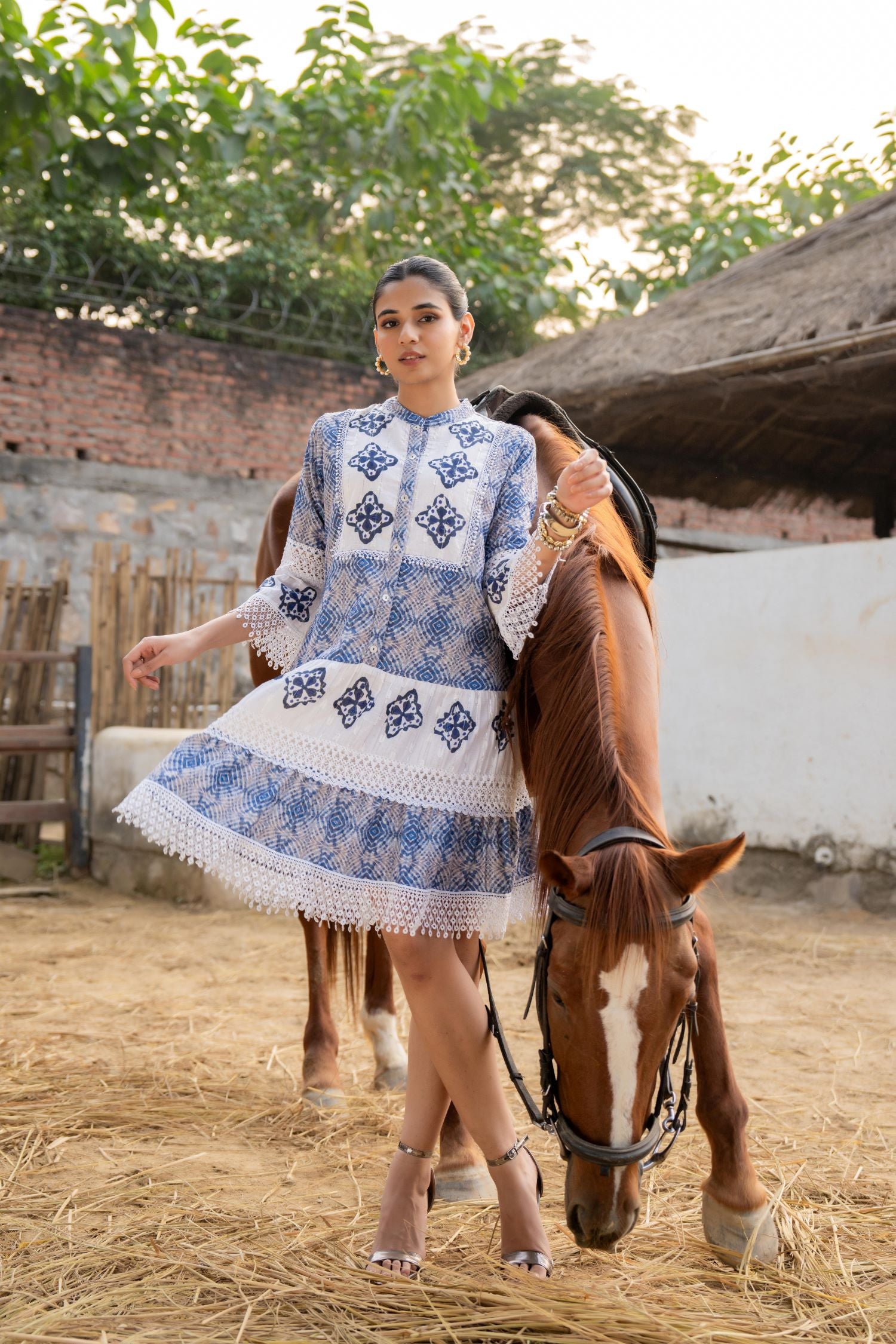 FREYAA Blue Cotton Tunic Embroidered Net Design Sleeves