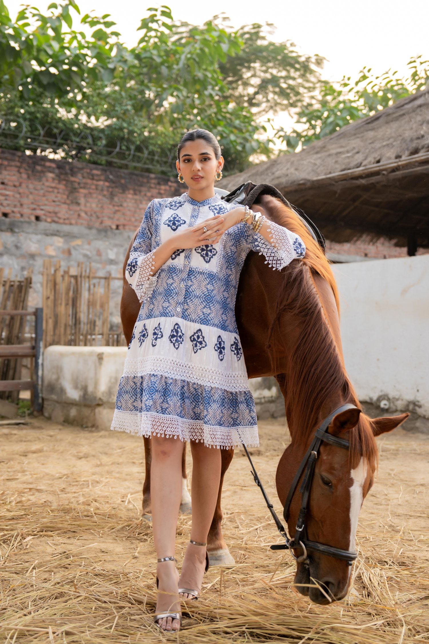 FREYAA Blue Cotton Tunic Embroidered Net Design Sleeves