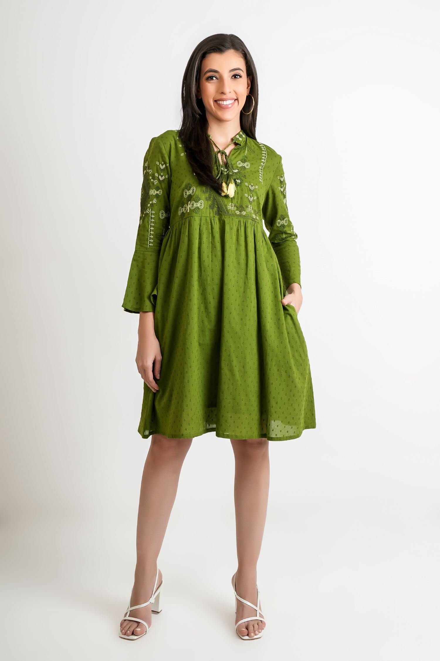 Forest Flow Solid Green Cotton Dress