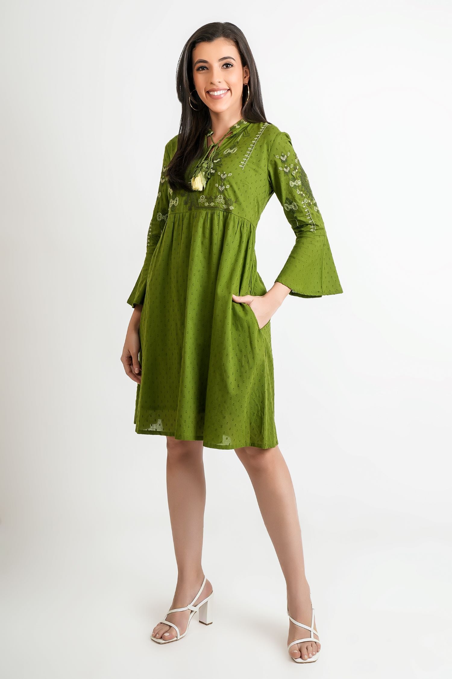 Forest Flow Solid Green Cotton Dress