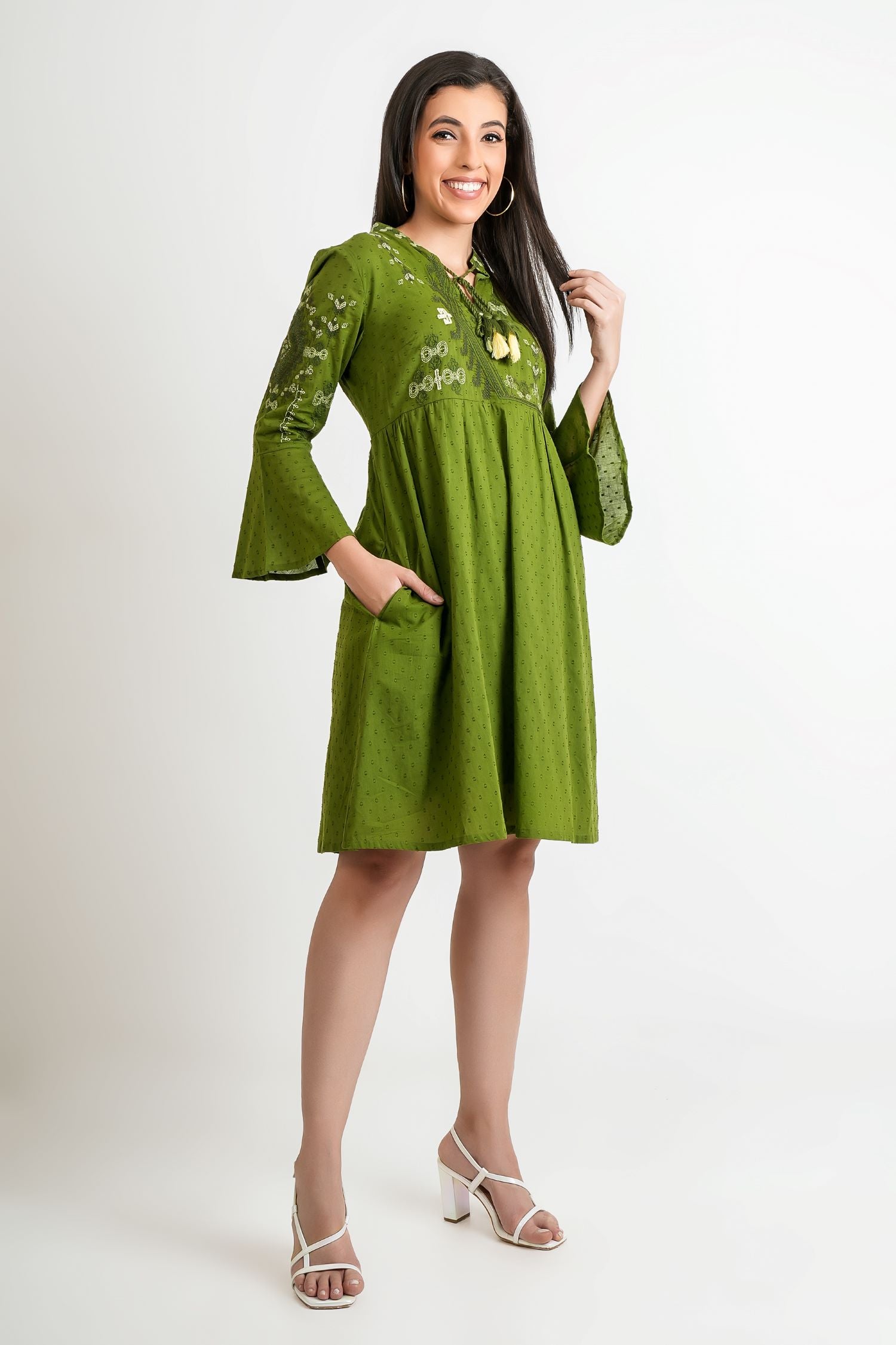 Forest Flow Solid Green Cotton Dress