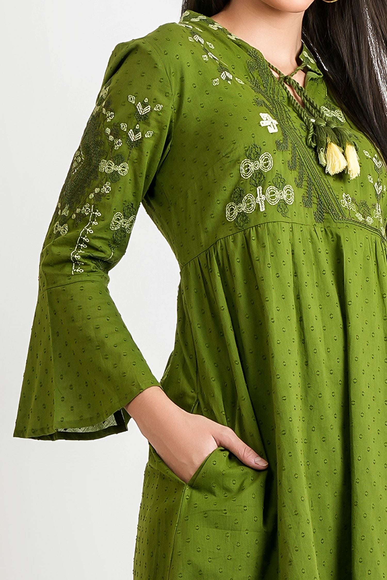 Forest Flow Solid Green Cotton Dress