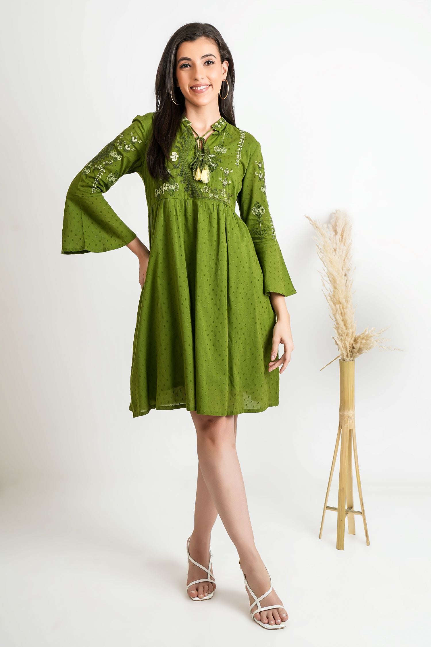 Forest Flow Solid Green Cotton Dress