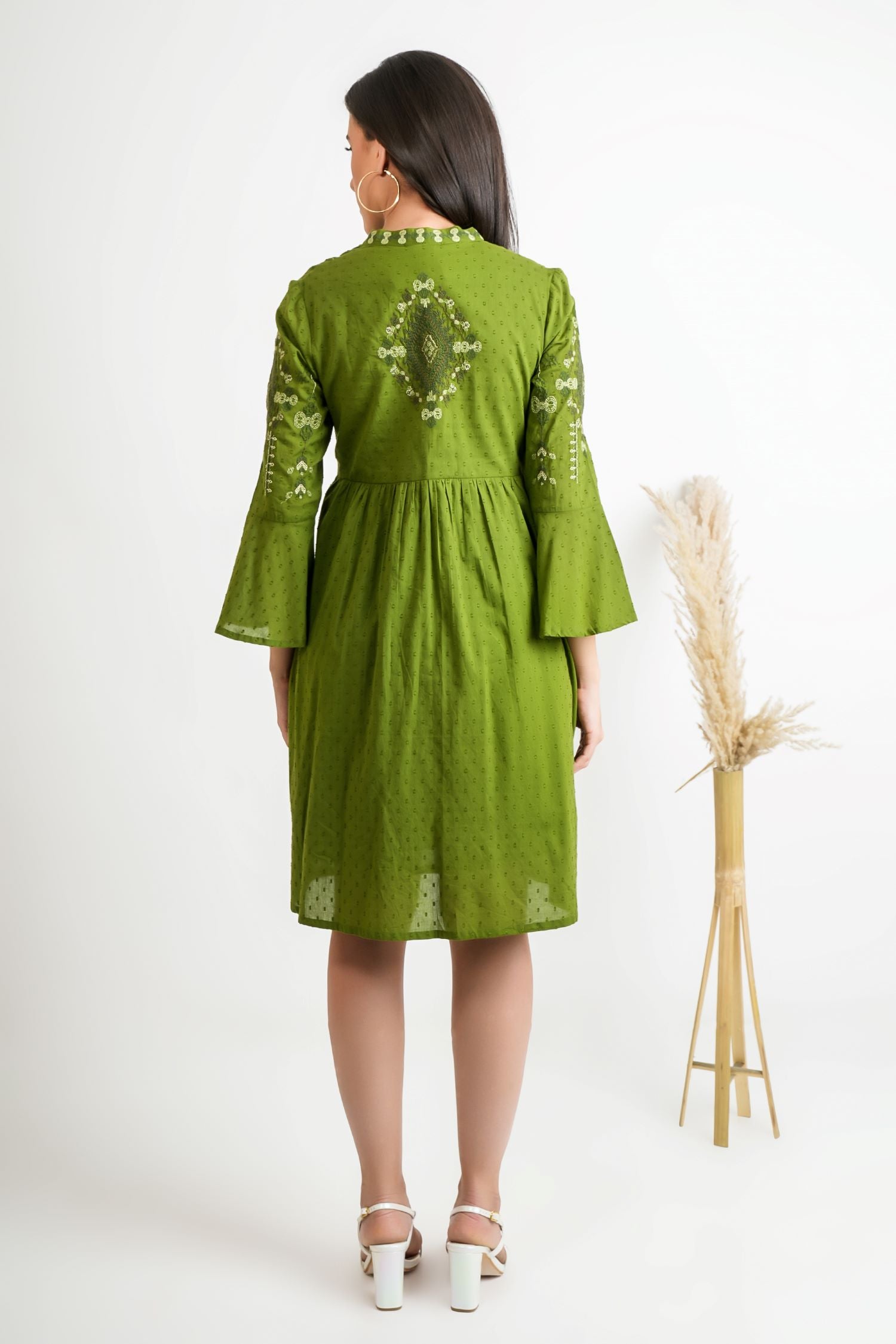 Forest Flow Solid Green Cotton Dress
