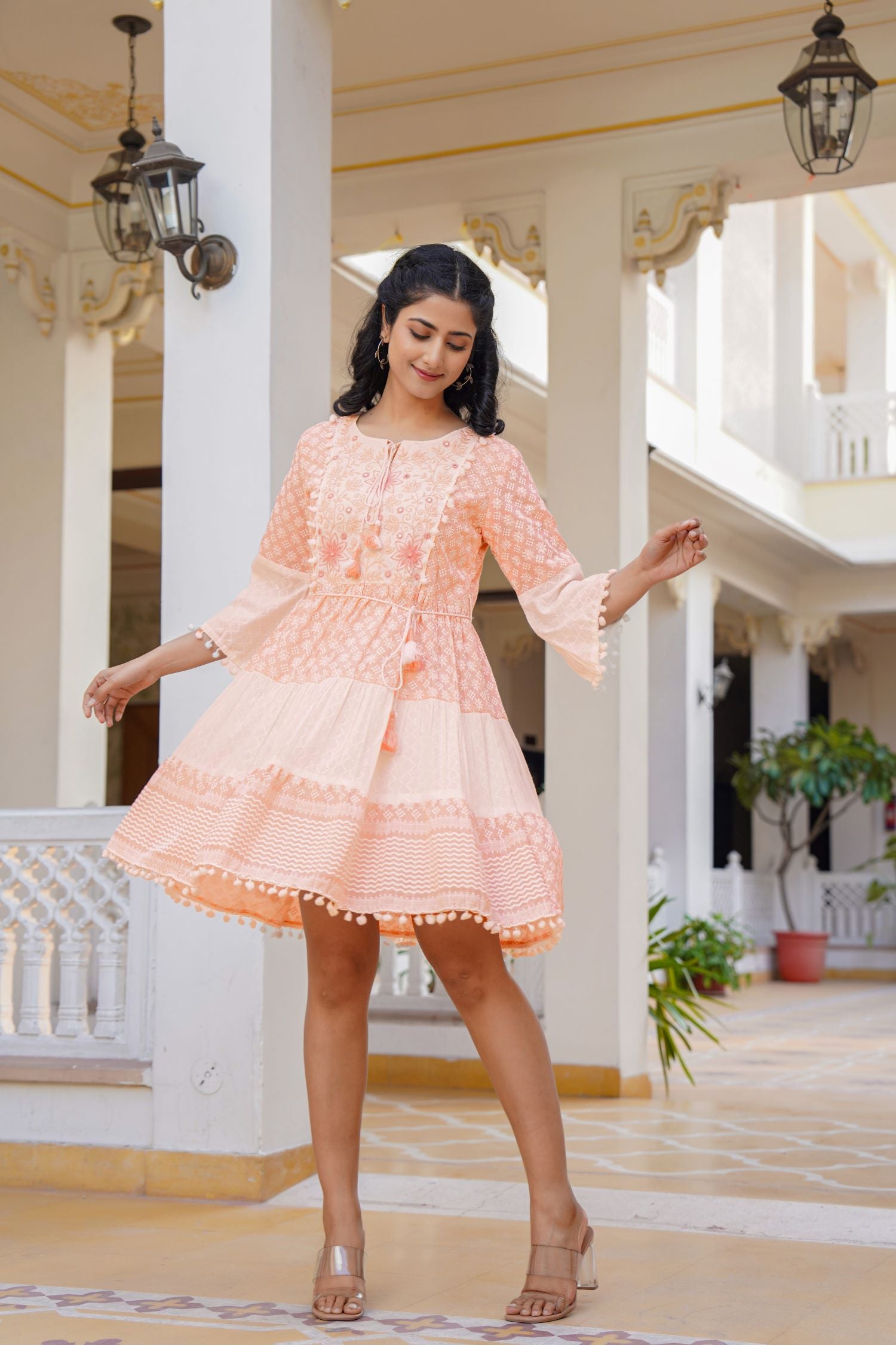 FREYAA Peach Cotton Round-Neck Tunic Top with Embroidery and Mirror Work