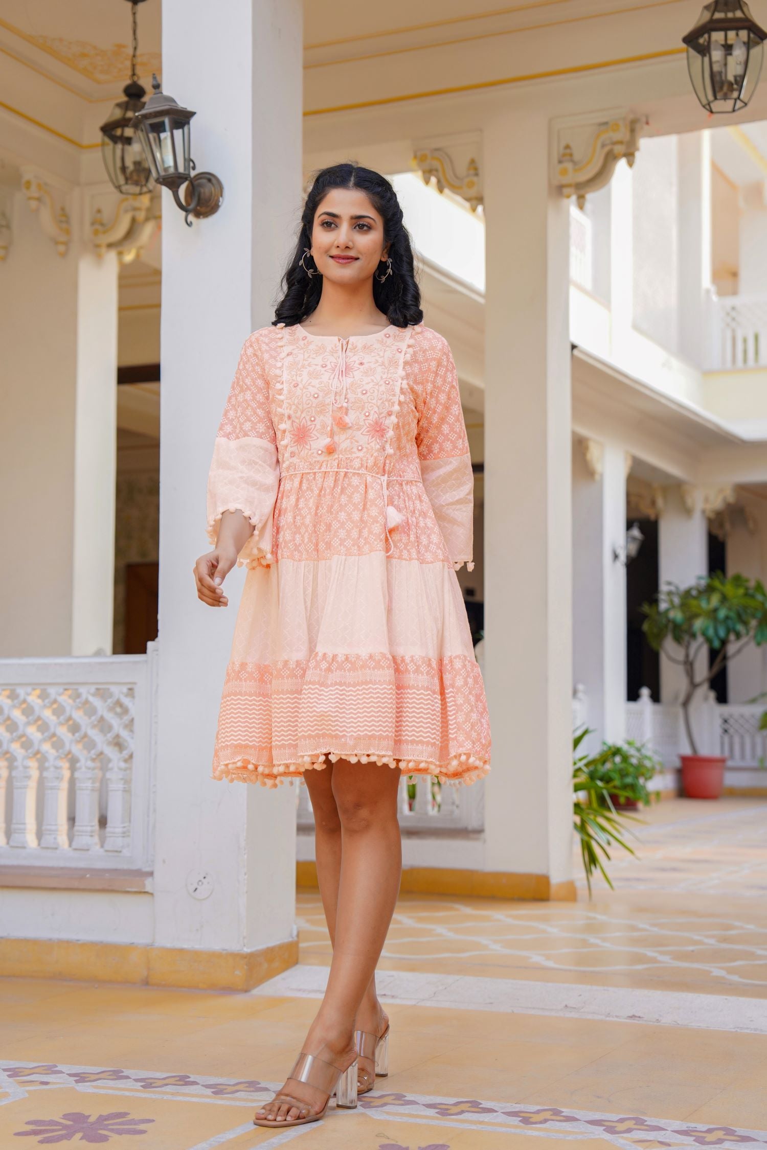 FREYAA Peach Cotton Round-Neck Tunic Top with Embroidery and Mirror Work