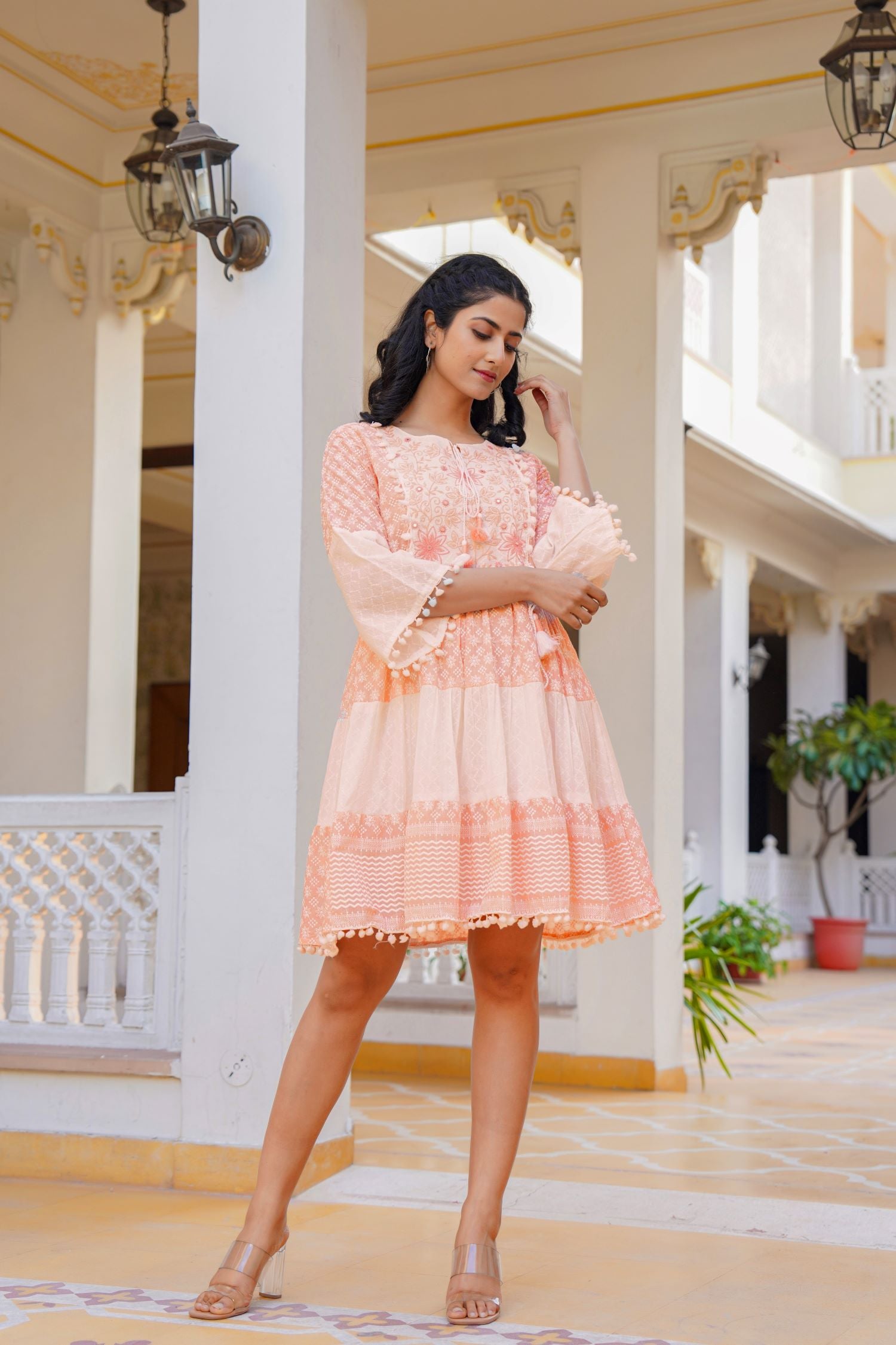FREYAA Peach Cotton Round-Neck Tunic Top with Embroidery and Mirror Work