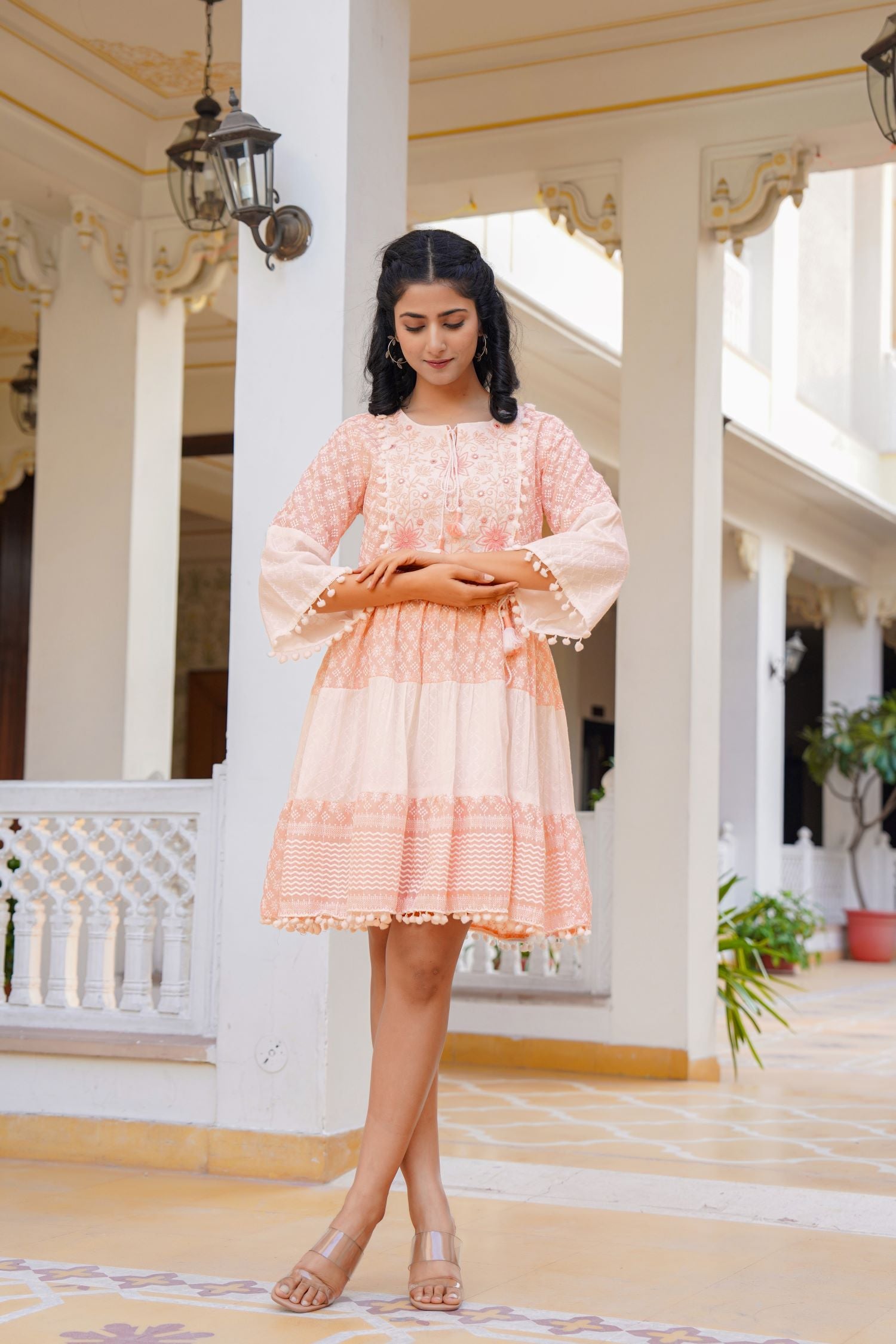 FREYAA Peach Cotton Round-Neck Tunic Top with Embroidery and Mirror Work