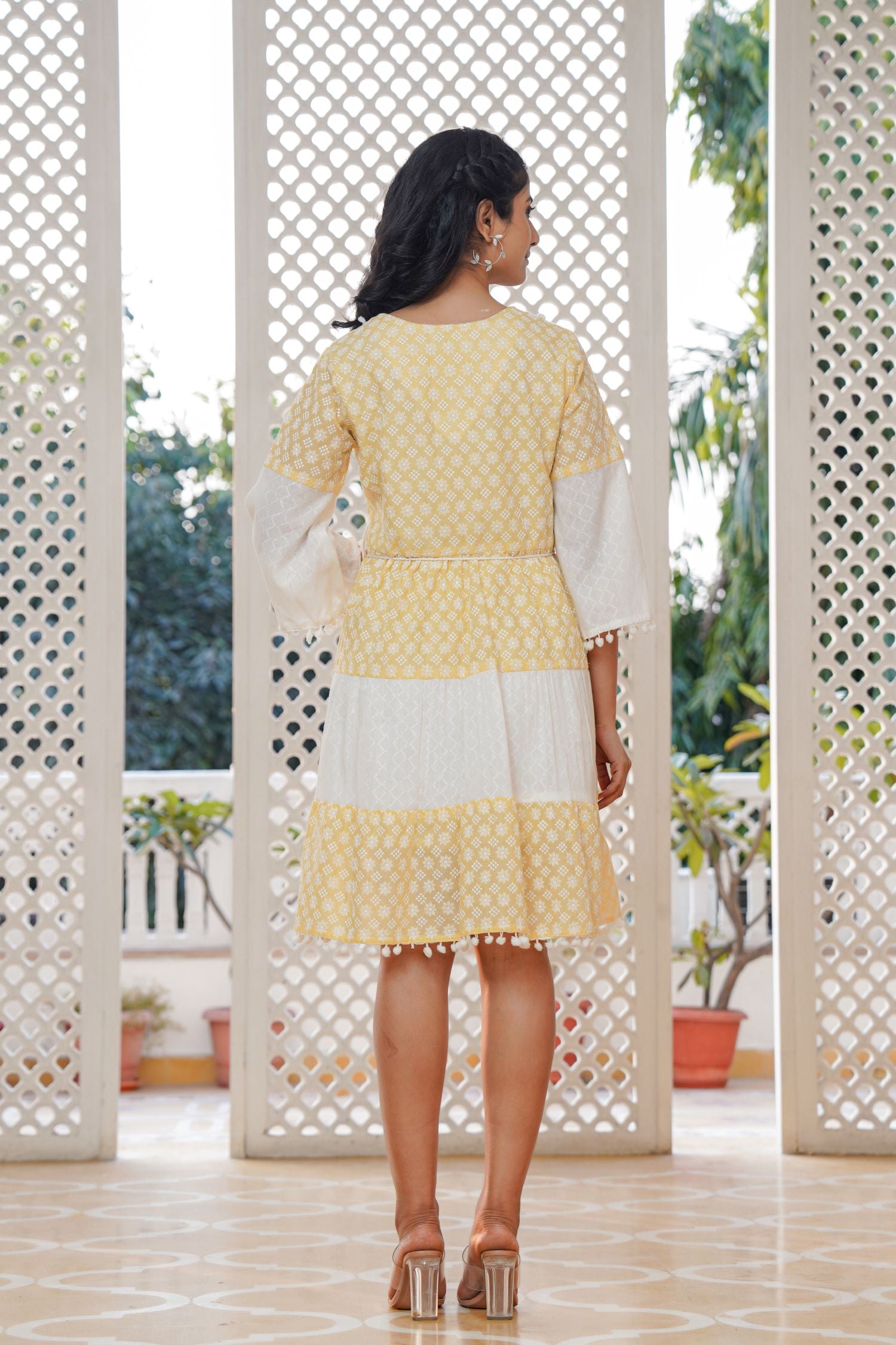 Yellow Cotton Round-Neck Tunic Top with Embroidery and Mirror Work