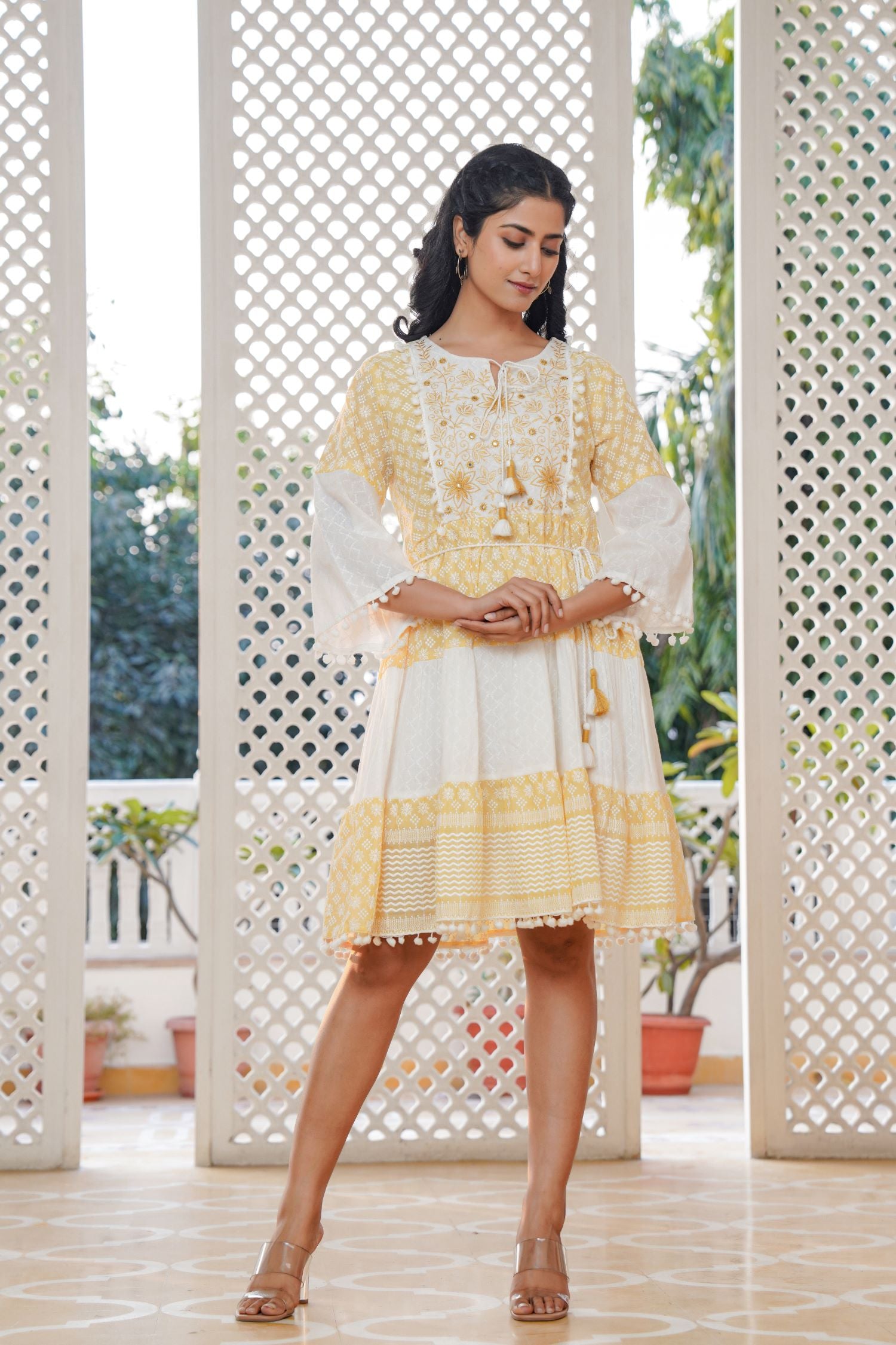 Yellow Cotton Round-Neck Tunic Top with Embroidery and Mirror Work