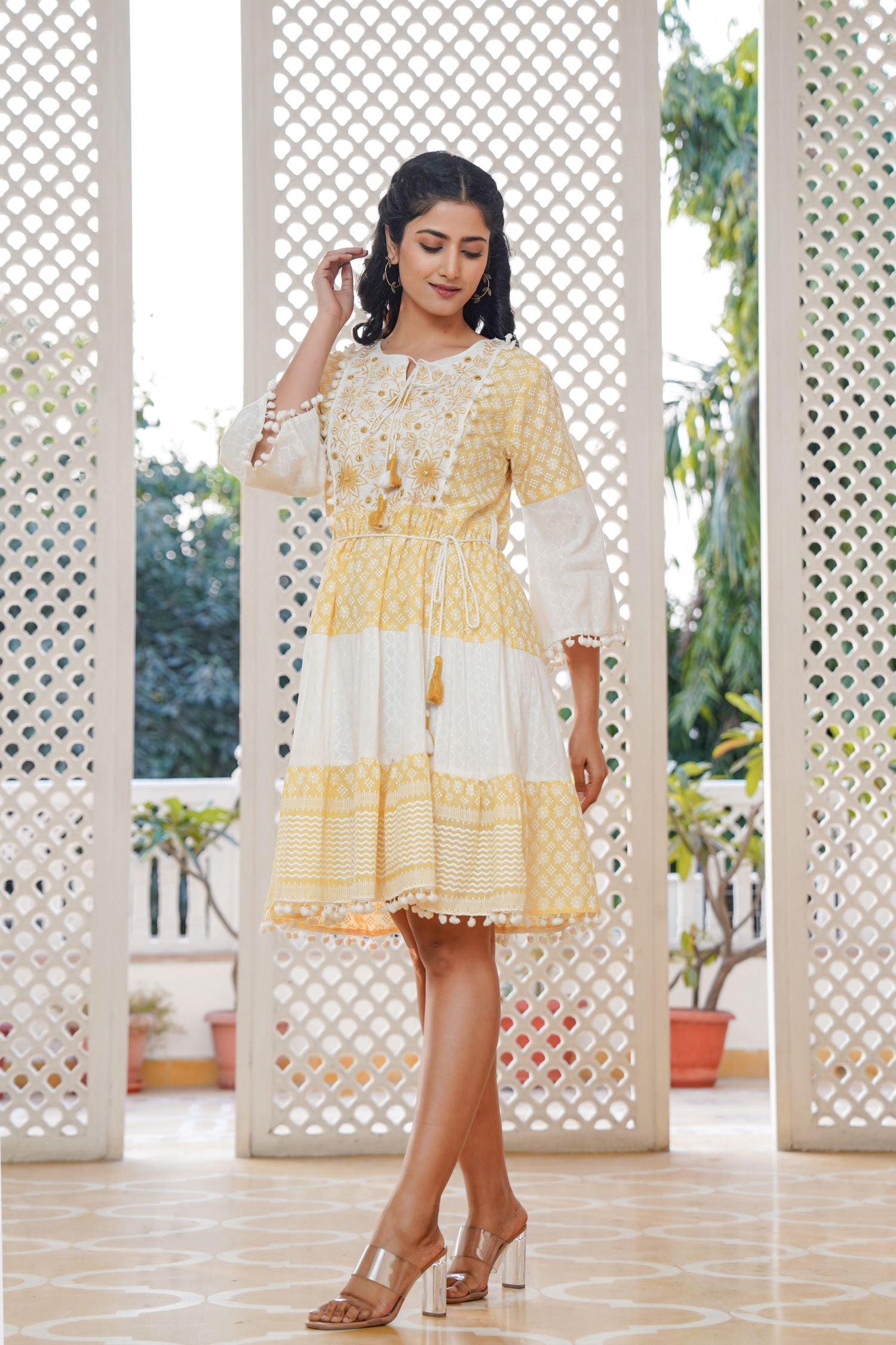Yellow Cotton Round-Neck Tunic Top with Embroidery and Mirror Work