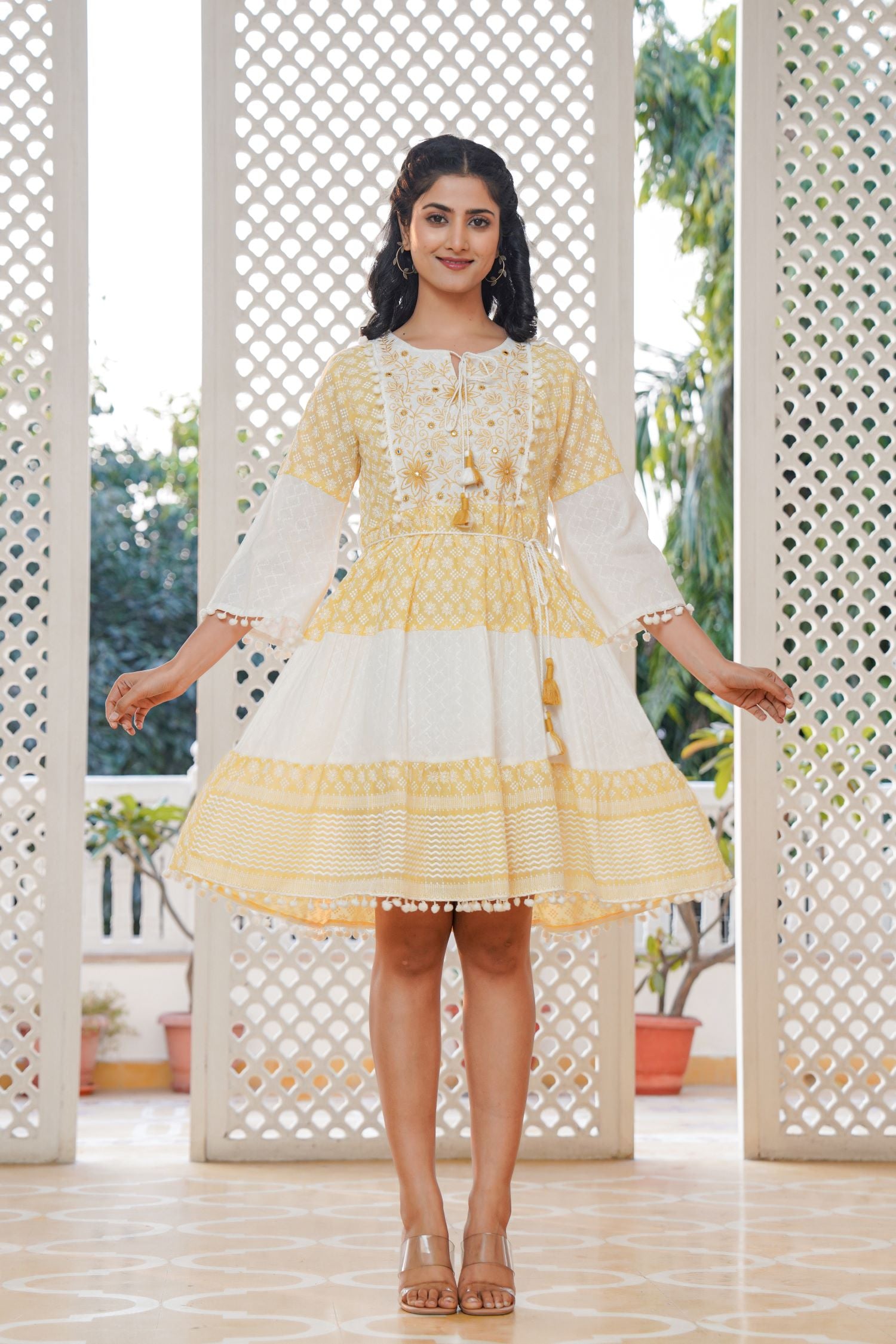 Yellow Cotton Round-Neck Tunic Top with Embroidery and Mirror Work
